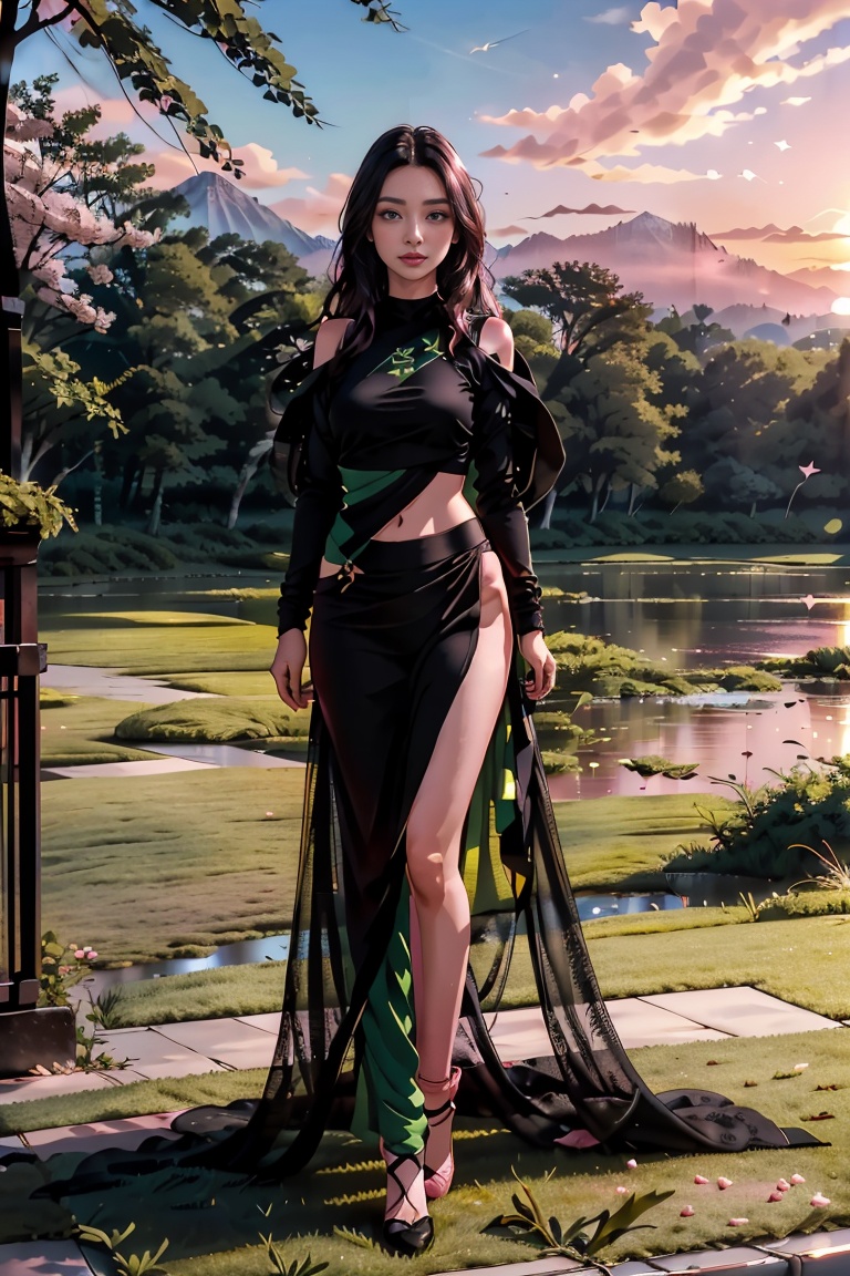 She stands poised and radiant,  adorned with soft (((pink))) fabric.Her (((long black luscious hair))) is styled in an ela...