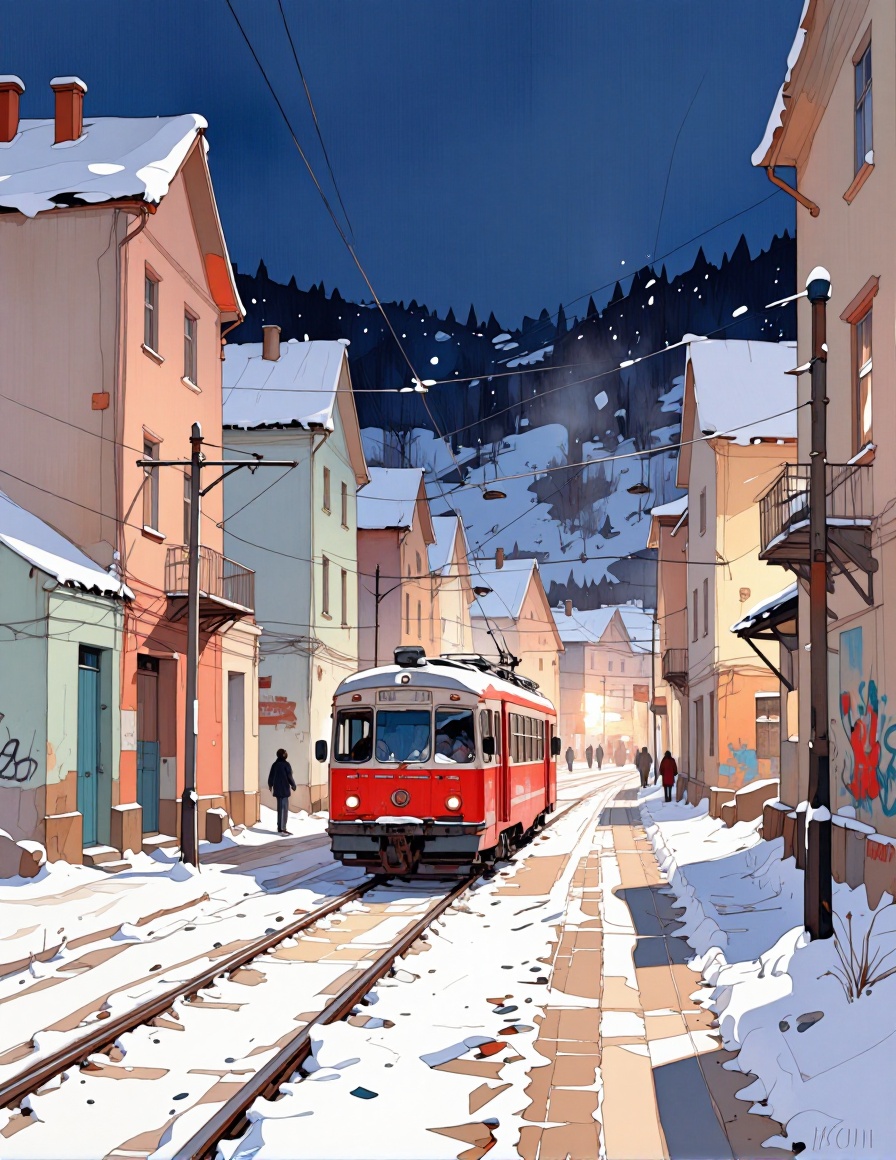 VarcoterolV7 art style — A vibrant winter street scene rendered in a painterly digital illustration style featuring a brig...
