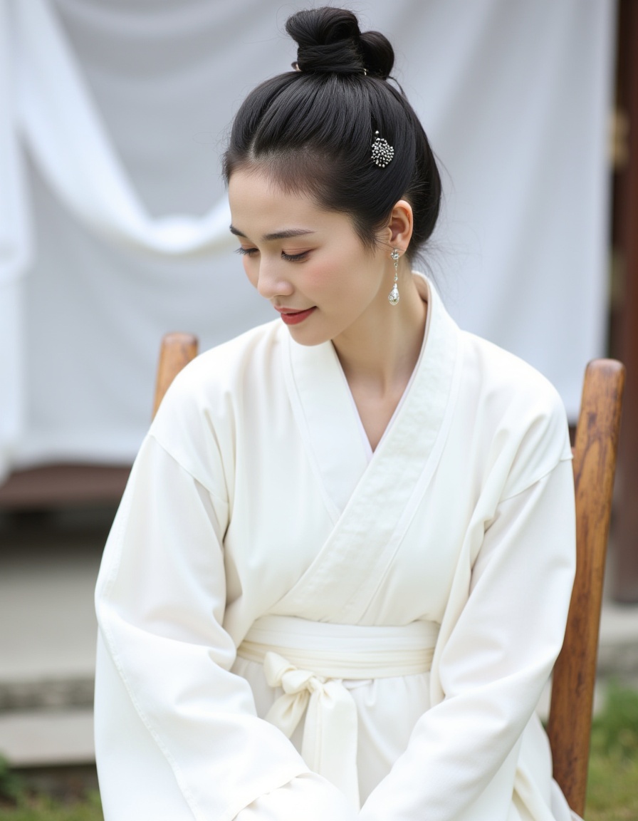 The image depicts a person dressed in a traditional white garment,possibly a hanfu,sitting on a wooden chair. The person's hair is styled in an elegant updo,adorned with a black hair accessory. The background is blurred,suggesting a shallow depth of field,and appears to be an outdoor setting with a structure that looks like a traditional building or pavilion. There is a white fabric draped behind the person,adding to the serene and traditional atmosphere.,