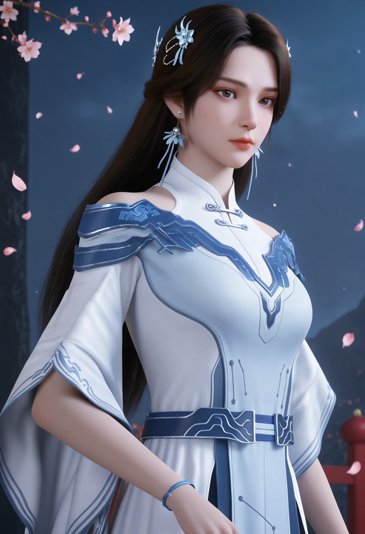 (upper_body:1.2),(looking at viewer:1.1),masterpiece,(best quality),smog,Dark room,dim lighting,peach blossom,falling petals,<lora:YQ_Illustrious光辉v5_李小曼_V1:0.8>,q1528437228,1girl,solo,jewelry,dress,long hair,hair ornament,earrings,white dress,black hair,bracelet,brown hair,chinese clothes,white footwear,long sleeves,brown eyes,boots,blue eyes,wide sleeves,blue dress,grey footwear,hair flower,shoes,