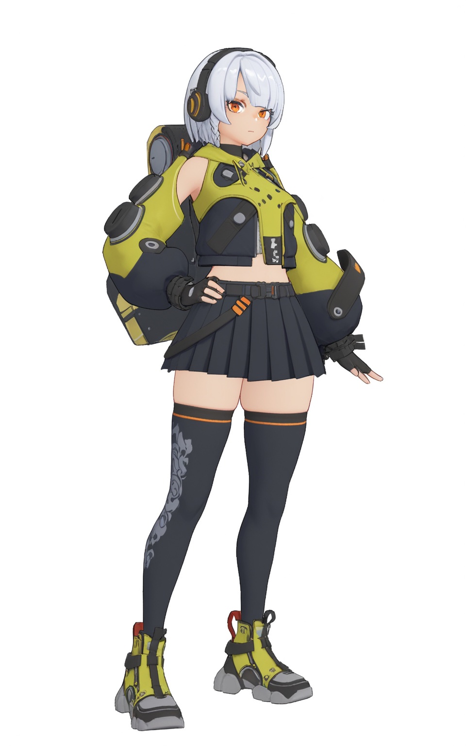 8k, best quality, masterpiece, (ultra-detailed), (high detailed skin), (full body:1.25), (white background:1.4), (simple background), standing, looking at viewer, (solo:1.2), hand on own hip, <lora:anbi-a3-Tanger:0.8>, anbi, default clothes, 1girl, black fingerless gloves, black thighhighs, orange eyes, black  pleated skirt, 