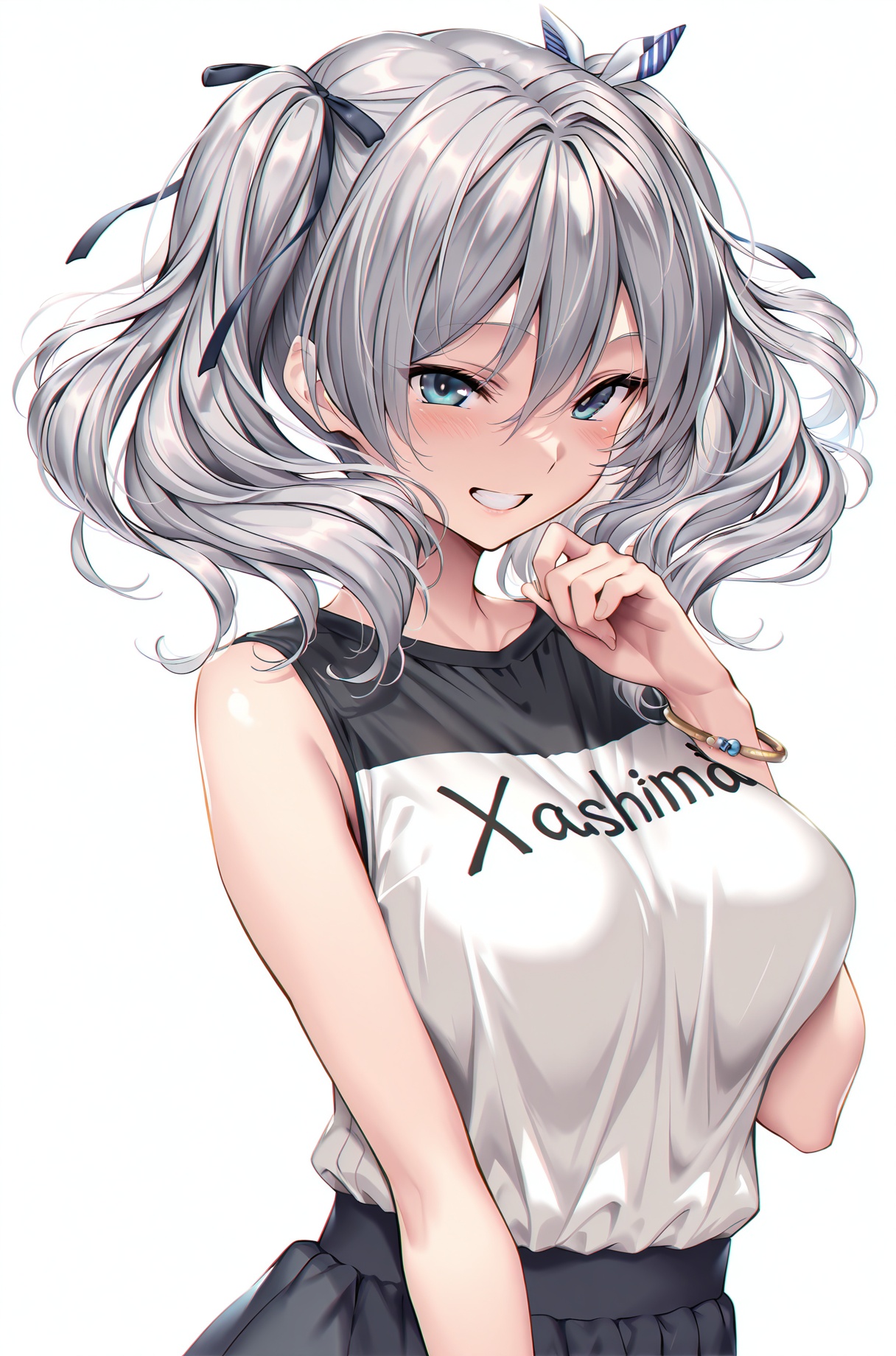 1girl, kashima \(kancolle\), solo, breasts, large breasts, grey hair, blue eyes, twintails, simple background, white background, smile, looking at viewer, blush, hair between eyes, hair ribbon, ribbon, sleeveless, bracelet, shirt, upper body, jewelry, alternate costume, clothes writing, sleeveless shirt, grin, bare shoulders, wavy hair, long hair, skirt, sidelocks