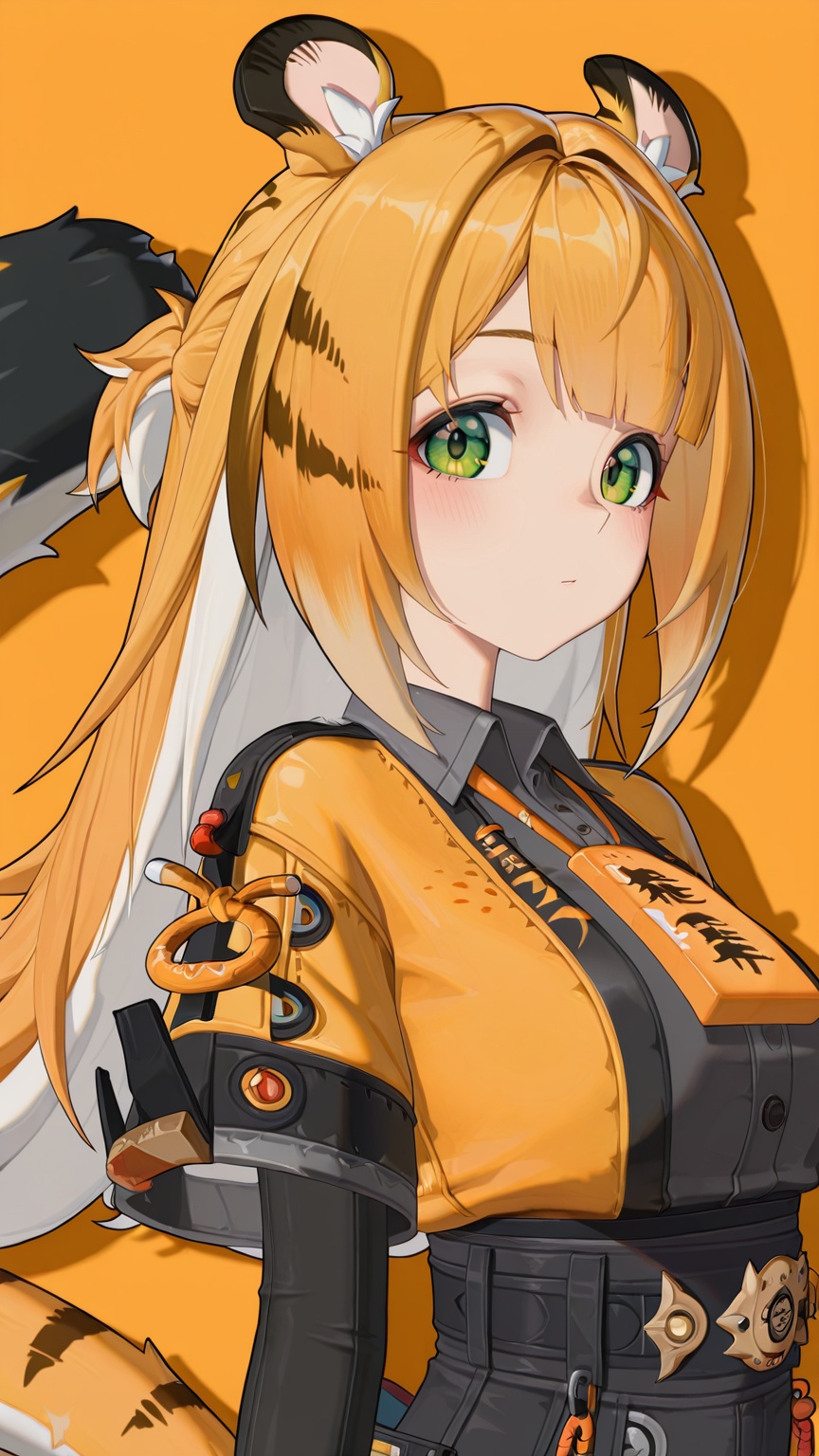 masterpiece,best quality,amazing quality,<lora:jufufu-000016:0.8>,ju fufu\(zenless zone zero\),1girl,solo,tiger tail,tiger ears,green eyes,orange hair,upper body,<lora:20250808-1754650692631:0.8>,zhigan3d,1girl,solo,breasts,jewelry,looking at viewer,
