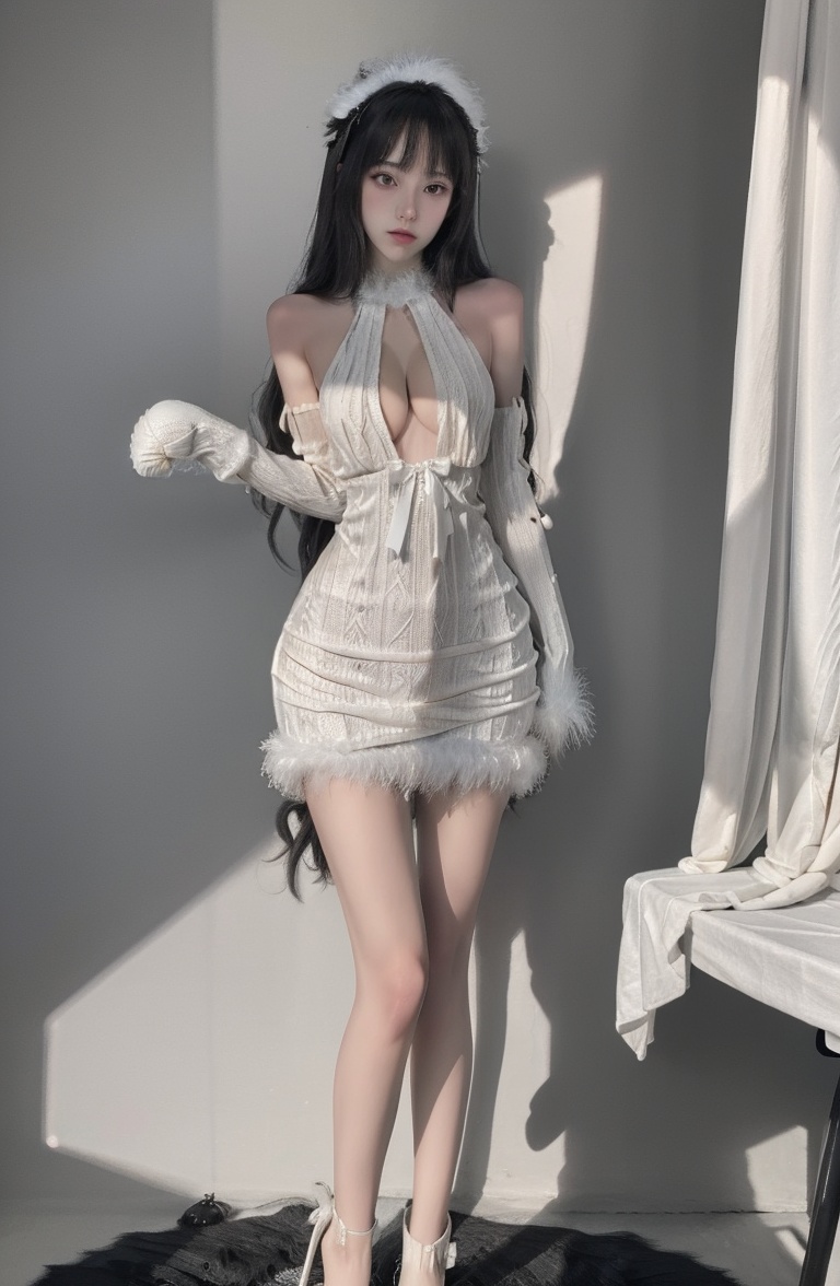 (masterpiece, best quality:1.4),finely detailed,1girl,solo,pale skin,perfect body,standing,(medium breasts:1.2),(cowboy_shot:1.2),<lora:killer性感白色露背连衣裙v1.0-000008:0.8>,white dress,bare shoulders,detached sleeves,dress,elbowgloves,