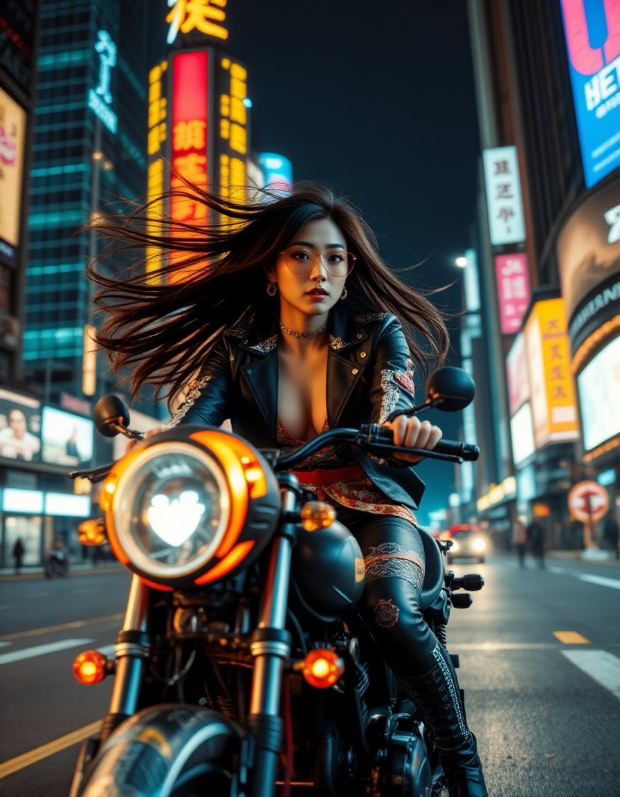 A dynamic scene of a girl riding a motorcycle in a cyberpunk setting,  her hair flowing freely in the wind,  emphasizing t...