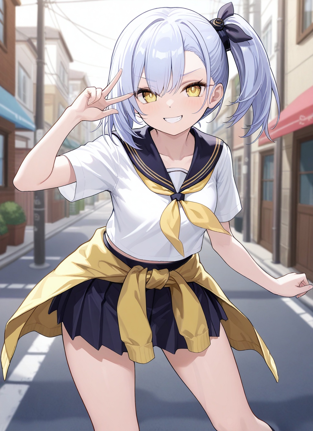 <lora:oceana_IL_v1.0:1>,oceana \(azur lane\),yellow eyes,side ponytail,grin,serafuku,pleated skirt,clothes around waist,street, masterpiece,best quality,