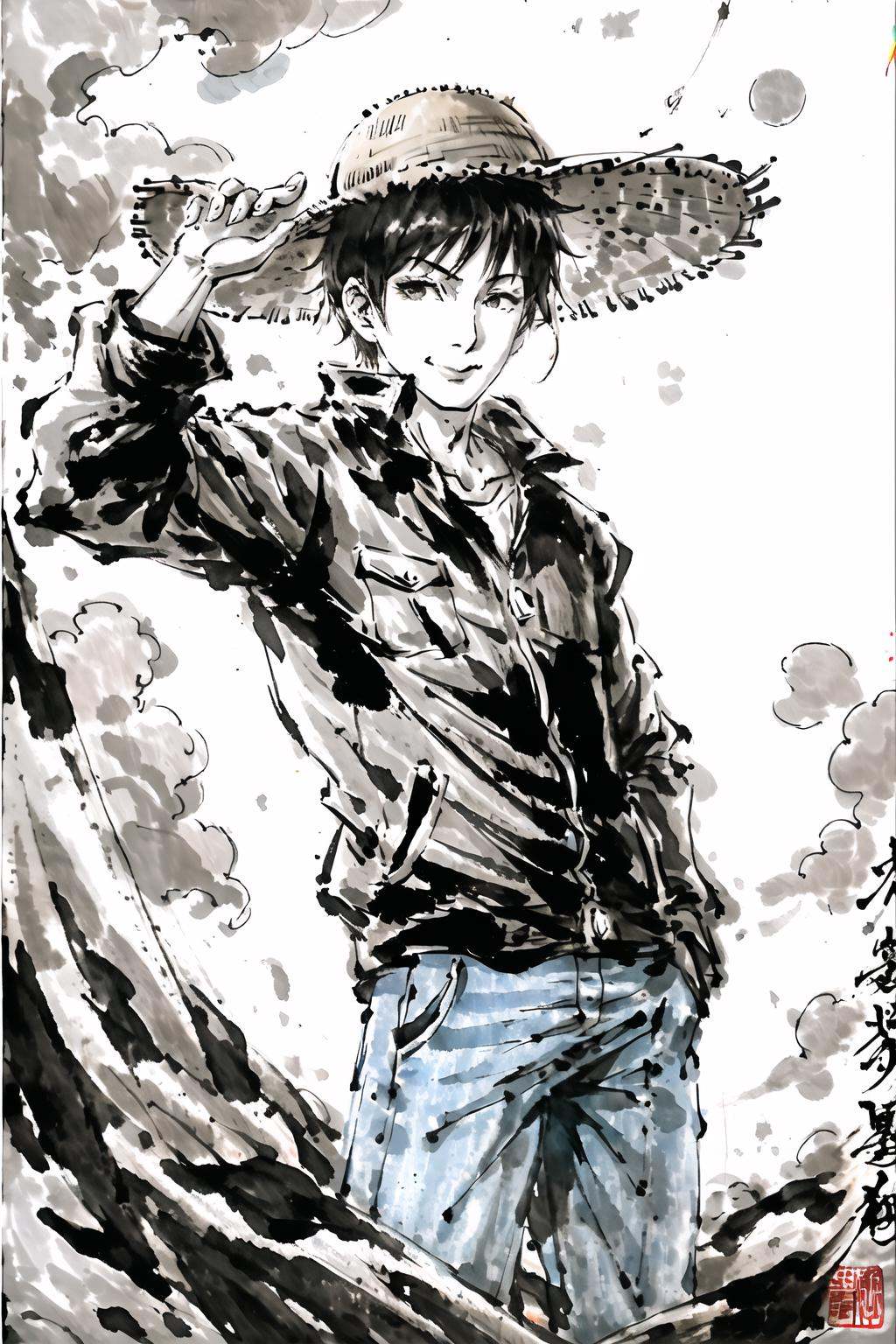 masterpiece,best quality,(1man,solo),cowboy shot,standing on one leg,Soft Lighting,strong rim light,(mature man,short hair, western, denim jacket,hand in the pocket, Straw hat,jeans, ),smile,outdoors, farm, haystack,hand on railing, cloudy sky,dusk,