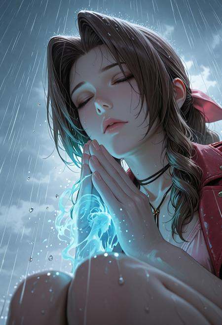masterpiece, best_quality, amazing quality, newest, illustration, anime screencap,  vibrant anime image, subject focus, line art, foggy, cold, cold weather, heavy rain, (water droplets, slow motion, time stop:1.1), surreal background, ethereal sky, cloudy sky, fantasy sky, dramatic lighting, cinematic look, reflection, realistic, anime screencap, anime coloring, clos_pers, close-up, perspective, masterpiece, very aesthetic, absurdres, water drop, masterpiece, best quality, amazing quality, very aesthetic, masterpiece, best quality, amazing quality, very aesthetic, detailed eyes, perfect eyes, realistic eyes, from below, aerith_gainsborough, green aura surrounding, blue ethereal, praying, intense focus, joined hands, closed eyes, kneeling down, raindrops, droplets,