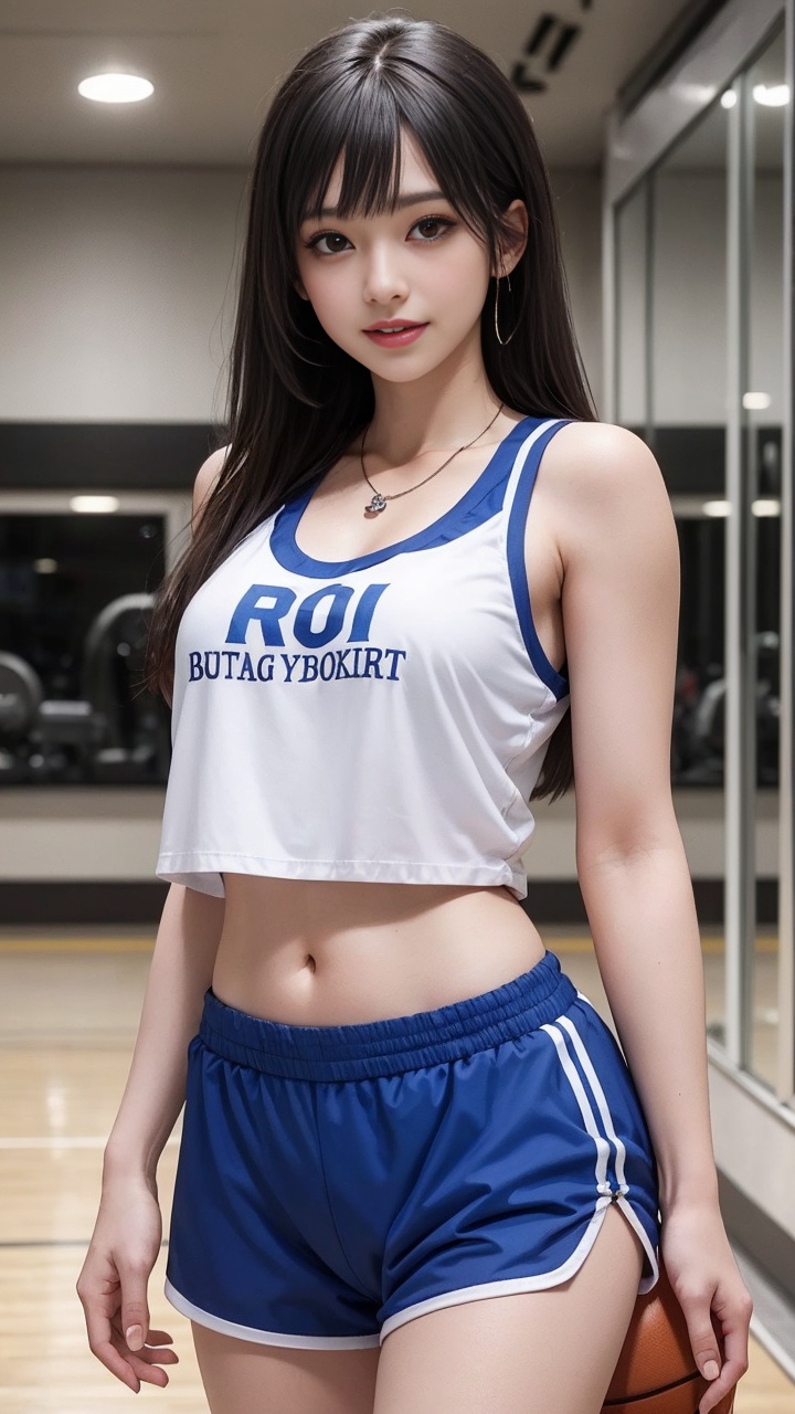 1girl,basketball,solo,white shorts,long hair,brown hair,basketball uniform,smile,shorts,jewelry,sportswear,indoors,necklace,looking at viewer,gym,holding,brown eyes,bangs,shirt,standing,blurry,lips,midriff,cowboy shot,white shirt,**** top,sleeveless,ball,holding ball,blurry background,teeth,realistic,