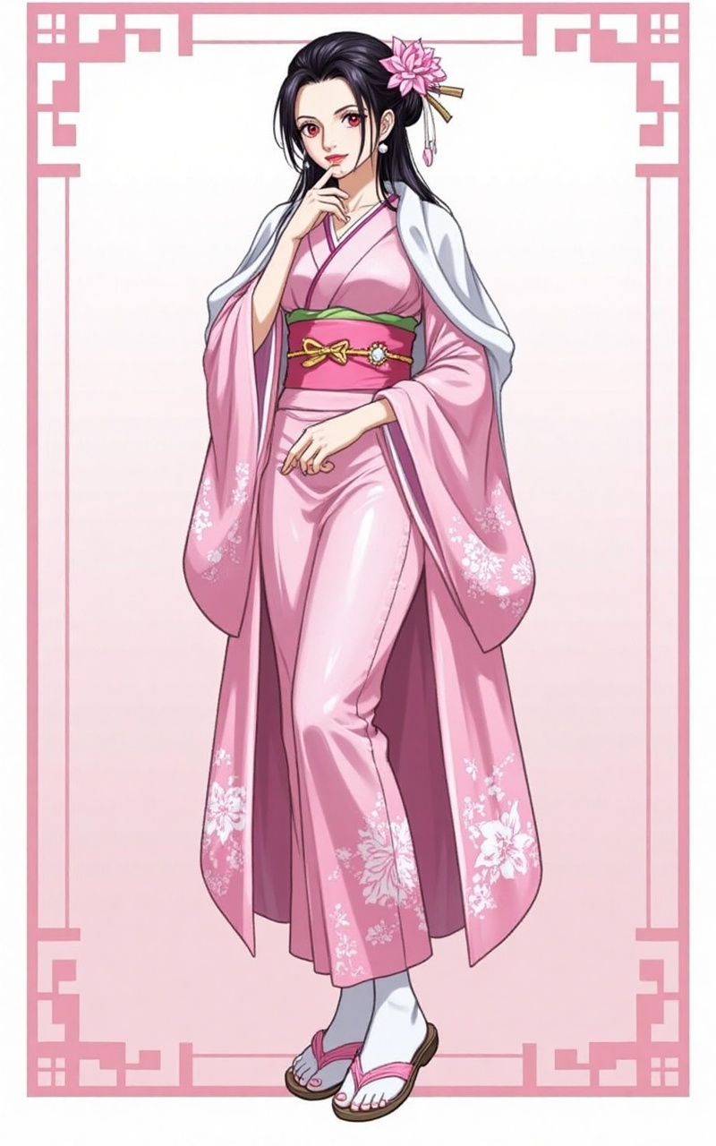 zhiyuan,baoshi,lvjing,zhiyuan,red eyes,mole under mouth,black hair,lipstick,long hair,pearl earrings,1girl,solo,japanese clothes,kimono,hair ornament,tabi,hair flower,flower,sandals,long hair,floral print,sash,standing,socks,looking at viewer,pink kimono,simple background,coat on shoulders,hair stick,earrings,coat,hand to own mouth,hair bun,smile,pink flower,bow,zouri,jewelry,wide sleeves,obi,border,white socks,5,cover,simple background,gradient background,close-up details,outstanding style,adding a touch of dimension to your images without compromising details,close-up,lvjing,