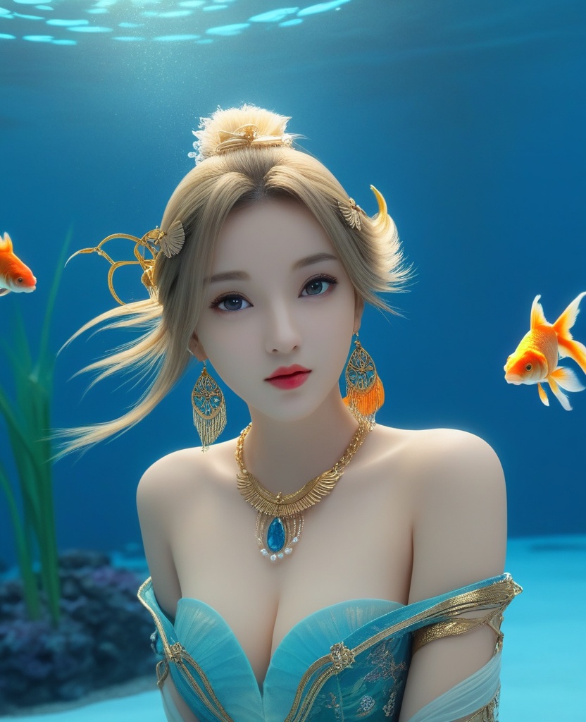 <lora:571-DA-XL-眷思量-奉眠:0.8>(,1girl, ,best quality, ),looking at viewer,masterpiece, ((((, solo,  goldfish, ,solo focus, ,underwater, )))) ,ultra realistic 8k cg,   clean, masterpiece,     cinematic lighting, cinematic bloom,  (( , )),, , unreal, science fiction, luxury, jewelry, diamond, gold, pearl, gem, sapphire, ruby, emerald, intricate detail, delicate pattern, charming, alluring, seductive, erotic, enchanting, hair ornament, necklace, earrings, bracelet, armlet,,(cleavage),