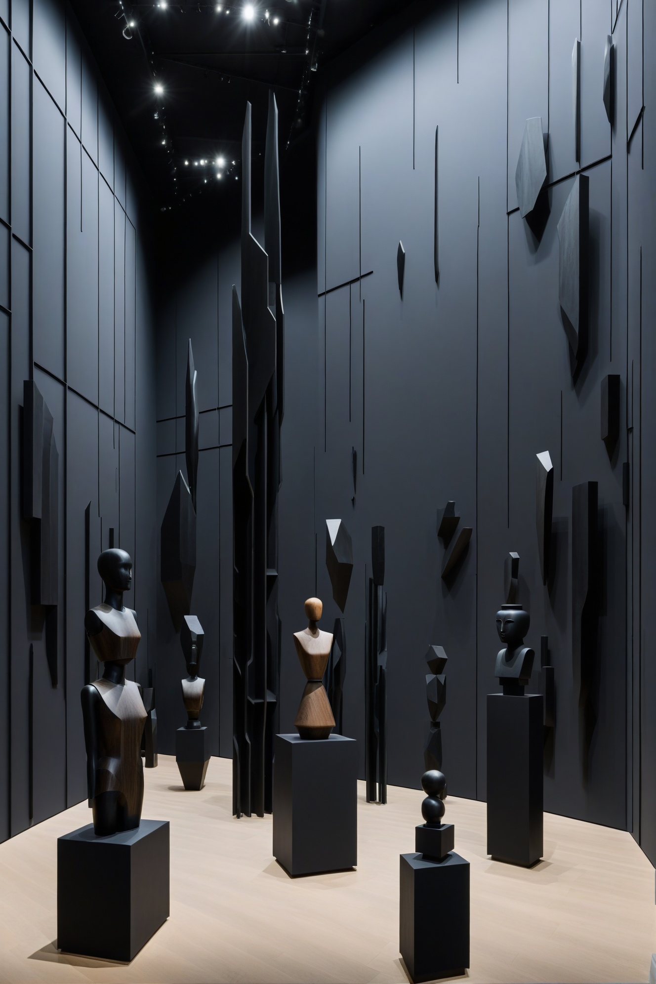 Minimalist black space with black interior design,featuring multiple irregularly sized wooden sculptures,art galleries,art exhibitions,and vertical composition,