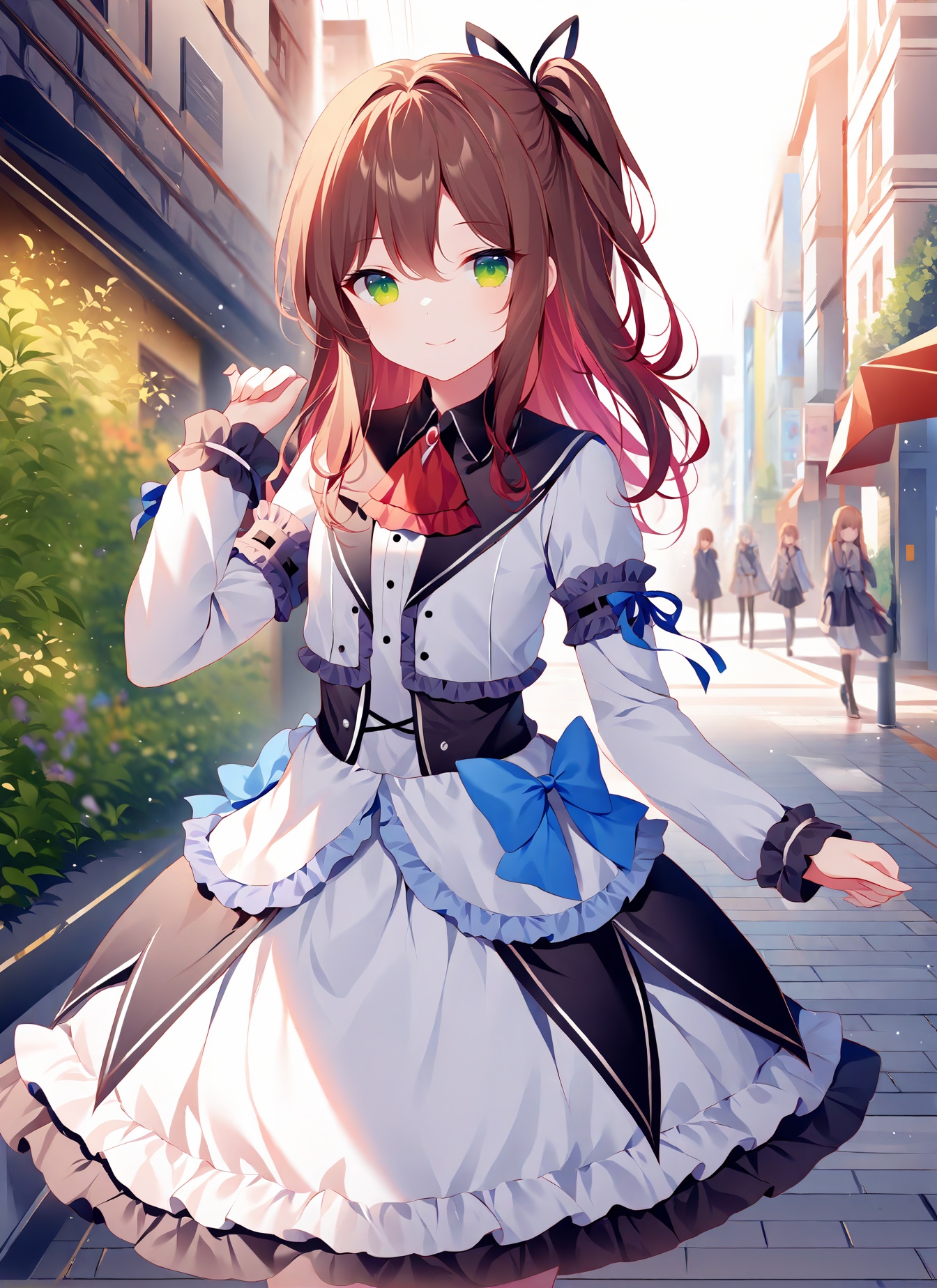 (masterpiece), (best quality), illustration, ultra detailed, hdr, Depth of field, (colorful), [rimuu,sheya,himitsu \(hi mi tsu 2\), ] Renne(lo), frilled dress, frills,red ascot,blue bow,1girl,side ponytail,hair ribbon,brown hair,green eyes,smile,teenage, standing,street,<lora:RenneloXLAni3:1>