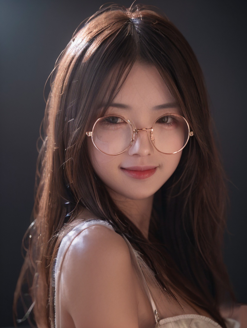1girl,round eyewear,highres,realistic,highres,<lora:lora-000008.by_tusi:0.75>,looking at viewer,smile,photo,Volumetric Lighting,Cinematic Lighting,photo_(medium),reality,depth_of_field,upper_body,<lora:QYpifuV1:0.2>,<lora:Flux洗图神器:0.2>,