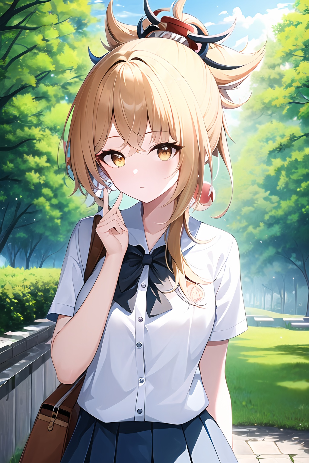 (masterpiece, best quality:1.2),insanely detailed,absurdres,ultra-highres,ultra-detailed,best quality,slender,kawaii,perfect symmetrical face,ultra cute girl,ultra cute face,ultra detailed eyes,ultra cute,ultra beautifu,<lora:Yoimiya-000001:0.9>,yoimiya \(genshin impact\),hair ornament,hadanugi dousa,yellow eyes,1girl,solo,school uniform,outdoors,standing,nature,