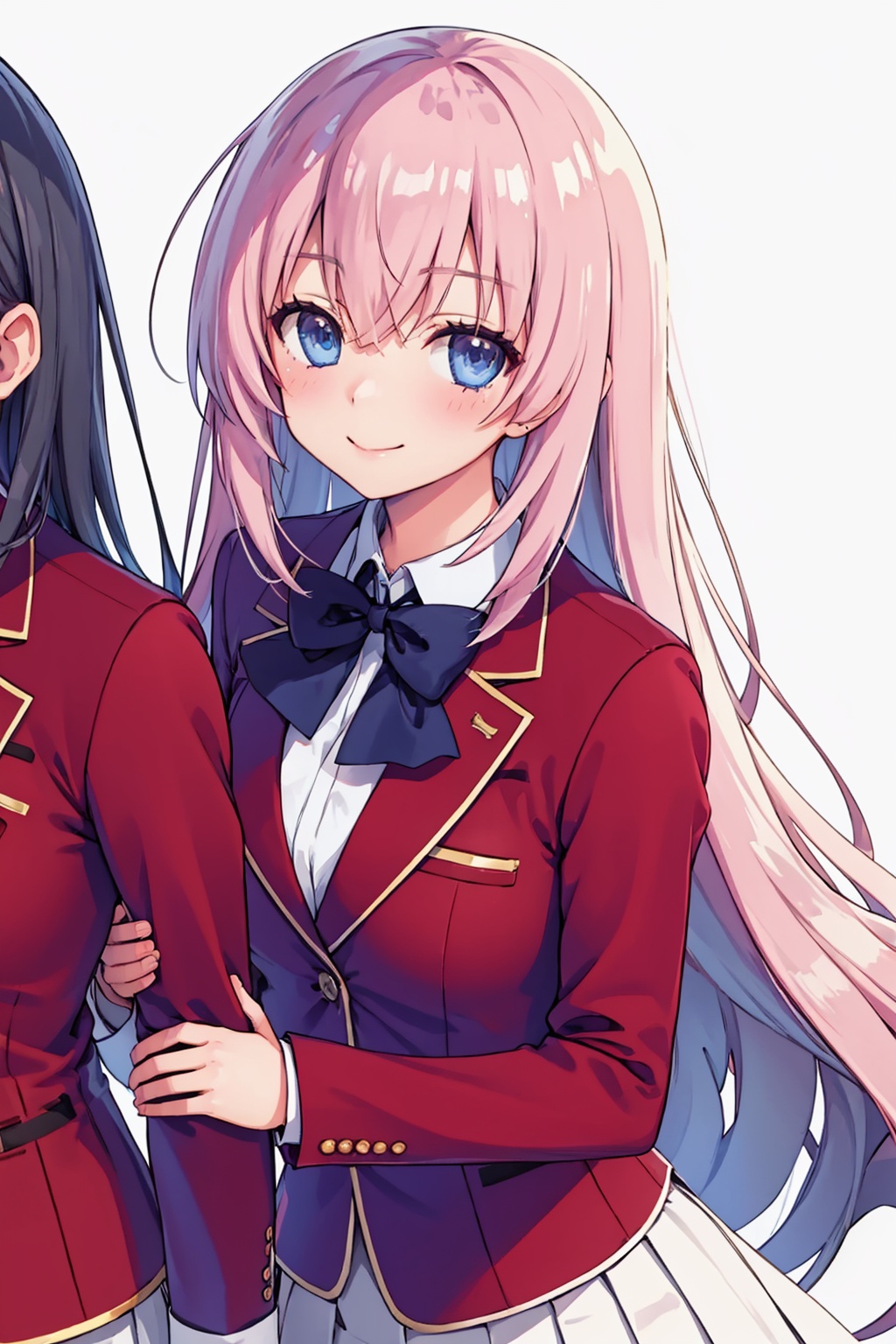 masterpiece,best quality, highly detailed, ichinose honami (youjitsu),looking at viewer,blazer,pleated skirt,school uniform,smile,1girl,solo,long sleeves,red jacket,simple background,blush,bowtie,closed mouth,white background,shiny,white skirt,<lora:ichinose_honami_(youjitsu):1>