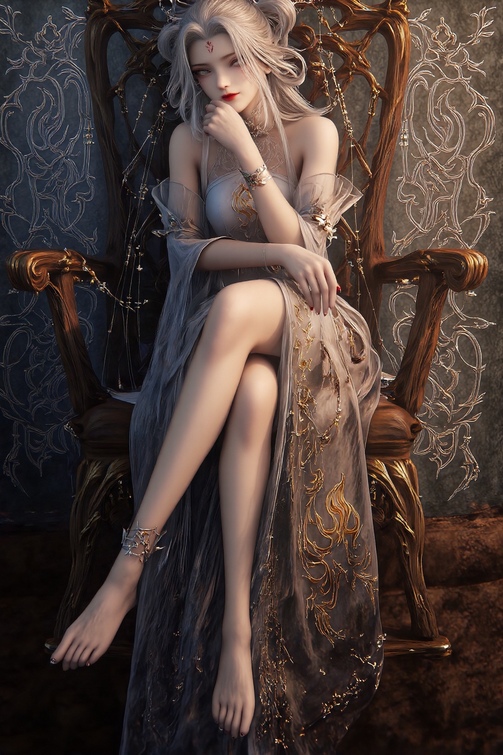 xb,xb This is a highly detailed CGI artwork of a fair-skinned,slender woman with long,platinum blonde hair styled in intricate braids. She wears an ornate,white,fantasy-inspired dress adorned with gold accents and a central flame motif. Her makeup is subtle,with a red mark on her forehead.,She sits on a luxurious golden throne,her legs crossed at the ankles and one leg hanging down. Her left arm rests on the armrest,while her right hand gently holds her chin. Her posture is elegant and poised,exuding confidence and grace. The scene is illuminated by dramatic lighting that highlights the gold accents of her attire and the intricate details of the throne. Soft shadows enhance the textures of the fabric and the surrounding ornate room,creating a luxurious and mystical atmosphere.,