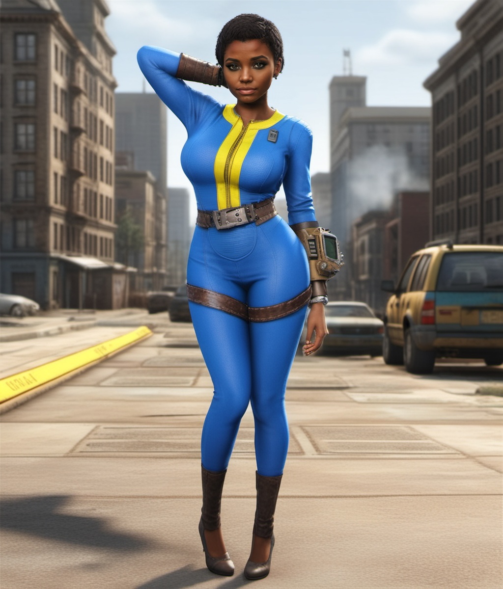 Dystopian style a cute black woman wears a blue and yellow outfit,  a computer wrist,  a belt on Tensor.Art