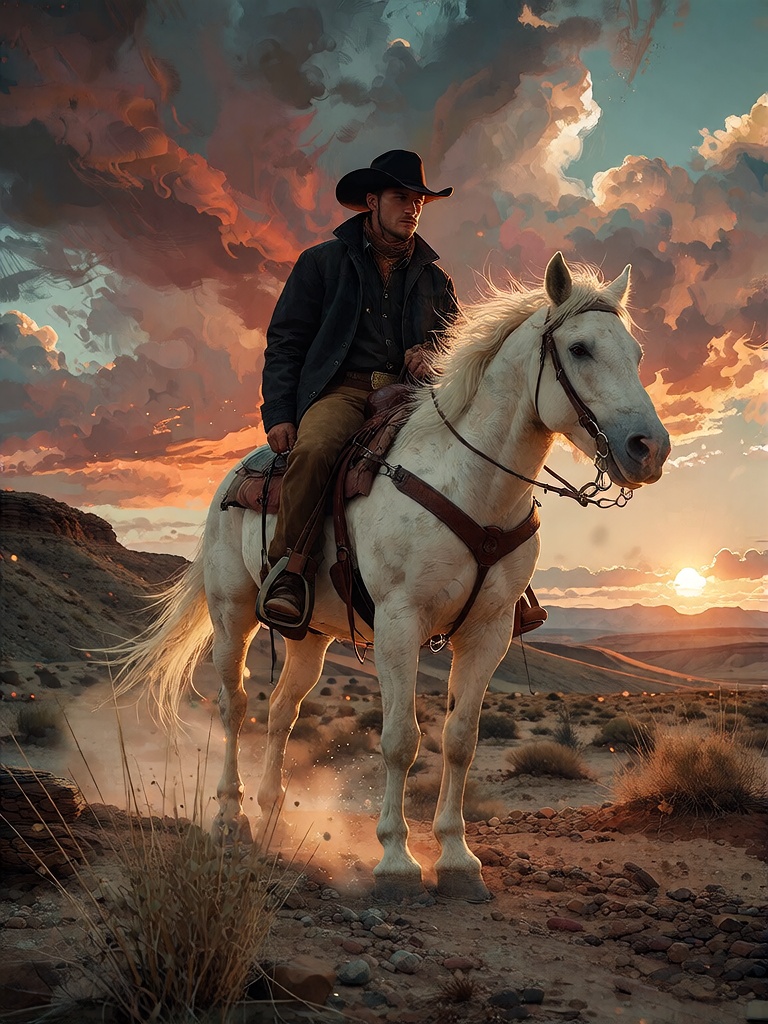 Bradhamel art style. A lone cowboy in a dark hat and coat rides a white horse across a vast,  arid desert landscape at sun...