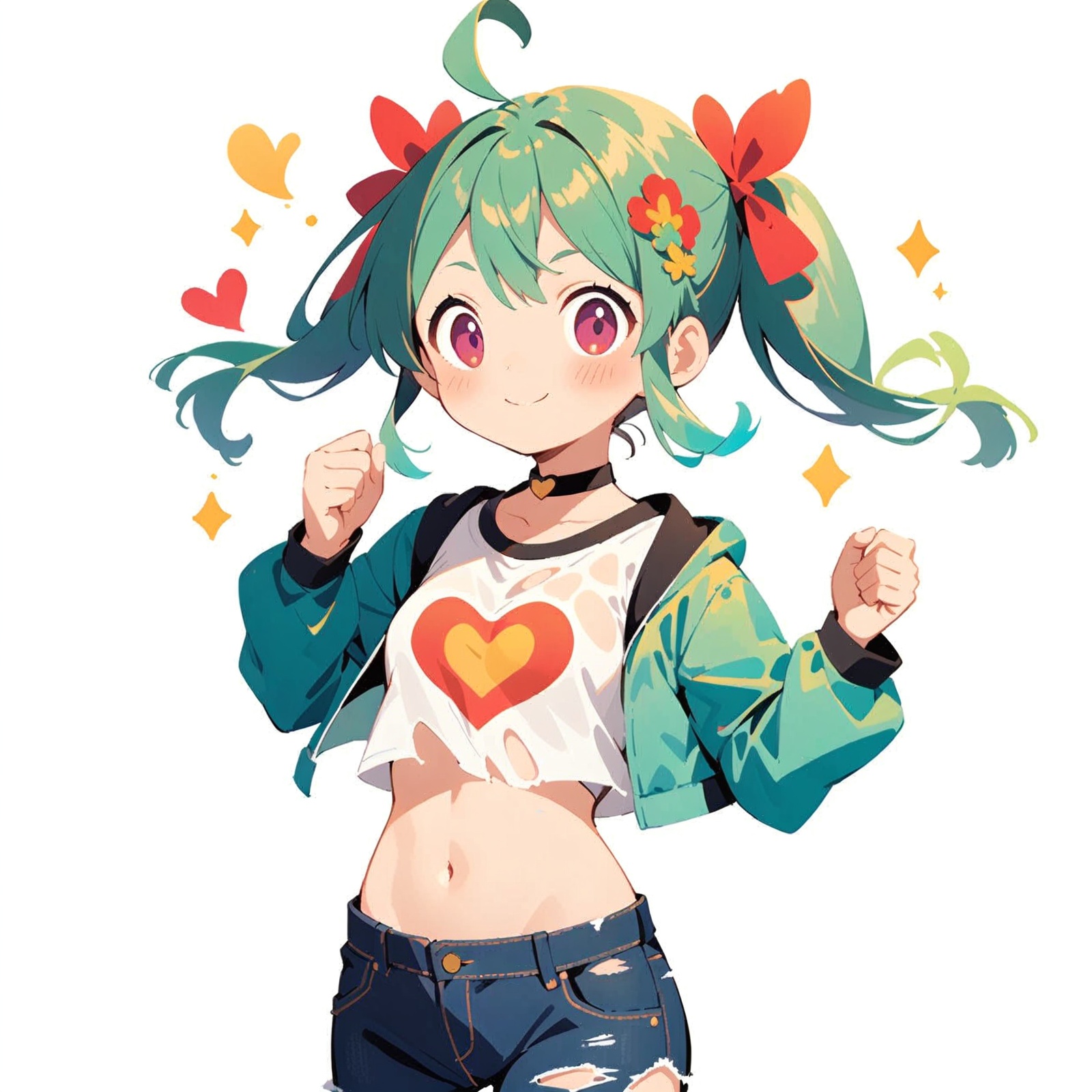 1girl,solo,pants,jacket,denim,navel,ahoge,smile,jeans,midriff,torn pants,twintails,crop top,purple eyes,looking at viewer,torn jeans,green jacket,aqua hair,shirt,open jacket,torn clothes,virtual youtuber,long sleeves,open clothes,white background,white shirt,simple background,clothes writing,closed mouth,cropped jacket,aqua jacket,cowboy shot,cropped shirt,blush,choker,hair ornament,heart,collar,hair between eyes,green hair,hands up,medium hair,print shirt,black choker,long hair,sidelocks,blue pants,stomach,grey background,standing,clenched hands,small breasts,pink eyes,breasts,