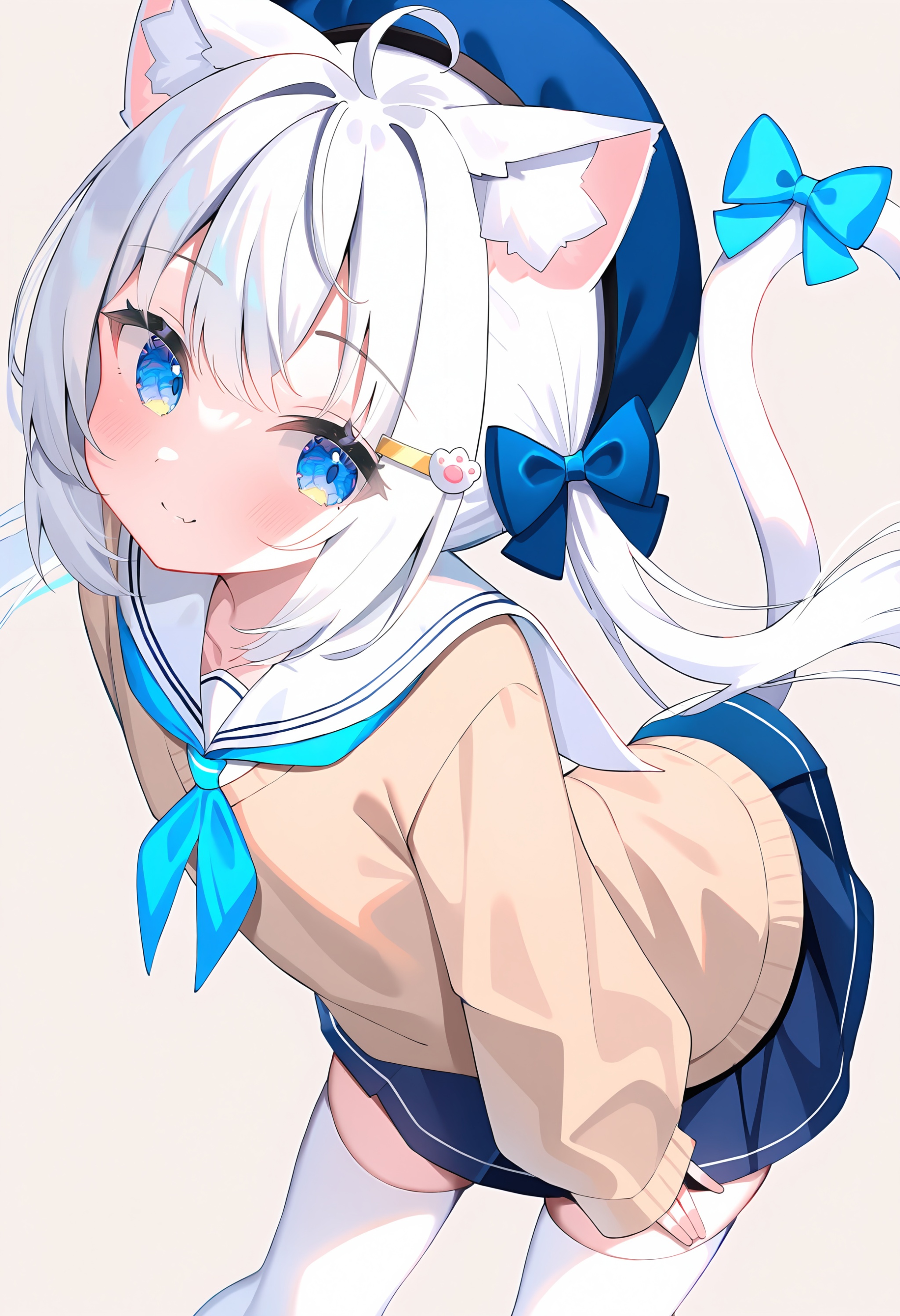 masterpiece,best quality,highly detailed,masterpiece,best quality,highly detailed,MAT_STYLE,1girl,tail,animal ears,cat tail,skirt,cat ears,solo,thighhighs,blue eyes,cat girl,smile,hat,white hair,long hair,twintails,white background,animal ear fluff,white thighhighs,bow,blue headwear,blue skirt,hair ornament,sailor collar,simple background,school uniform,pleated skirt,white sailor collar,looking at viewer,hairclip,neckerchief,blue bow,beret,serafuku,tail ornament,hair bow,long sleeves,blush,low twintails,leaning forward,brown sweater,closed mouth,sweater,shirt,zettai ryouiki,blue neckerchief,tail bow,ahoge,tail raised,miniskirt,sleeves past wrists,<lora:MAT_STYLE:0.9>,mat_style,