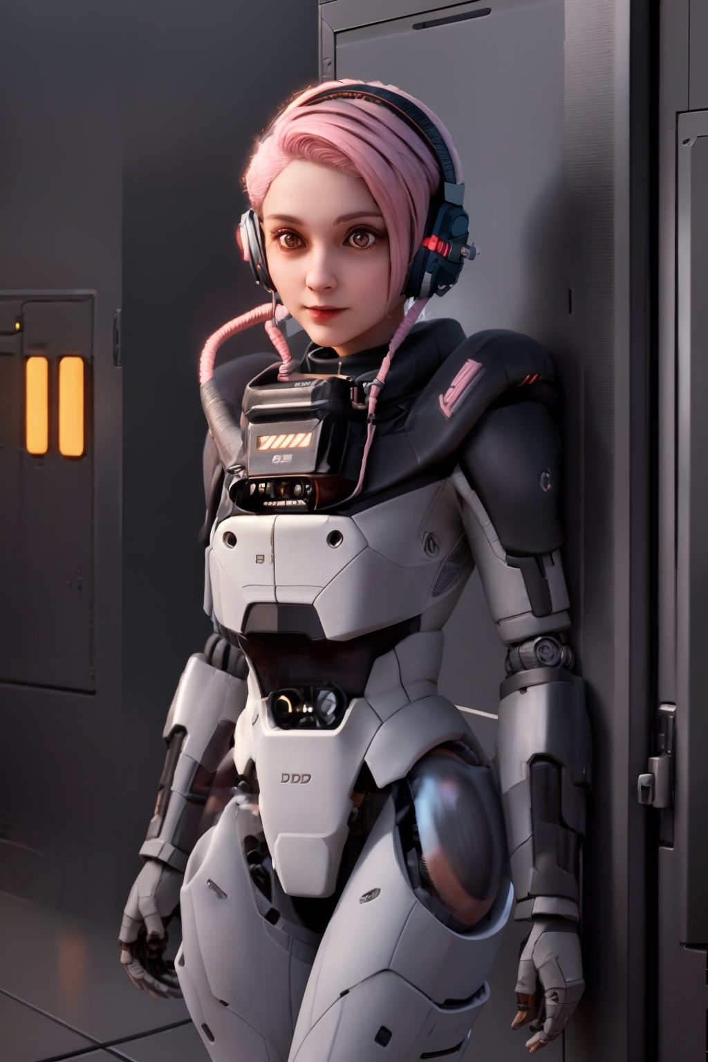 <lora:lida_15_v4:1:lbw=KEEPCHAR>,lida,1girl,solo,looking at viewer,cowboy shot,standing,realistic,cyborg,robot joints,power armor,fingerless gloves,a female character with pink hair,the character has a headset with a microphone attached to her ear,the suit is predominantly gray with black accents and it appears to be made of a metallic material,she is standing in a dimly lit room with a metallic door in the background,the overall ambiance of the image suggests a sci-fi or cyberpunk theme,female character,futuristic armored suit,metallic material,headset with microphone,dimly lit room,metallic door,