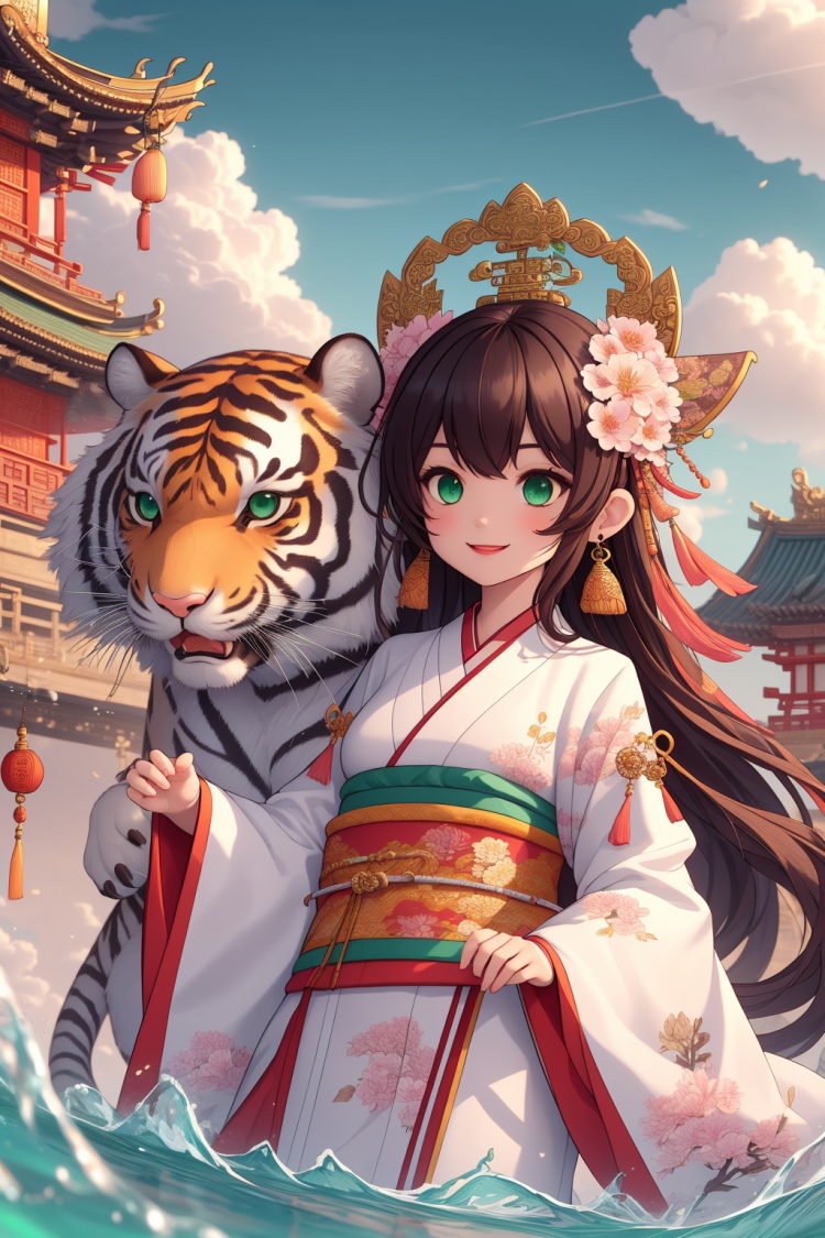 1girl, tiger, long hair, green eyes, flower, hair ornament, hair flower, brown hair, architecture, jewelry, east asian architecture, smile, animal, sky, cloud, earrings, water, sash, wide sleeves, pink flower, long sleeves, outdoors, solo, pagoda, very long hair, kimono, bangs, chinese clothes, day<lora:kim_画虎_v1:0.8>