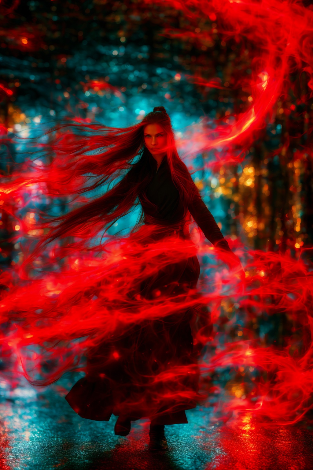 dancing,fighting stance,red-aura,using red-magic,red-magic,1girl,solo,long hair,blue eyes,common face,full body,<lora:magic_fighting_red_512_dreamshaper_8:0.8>,