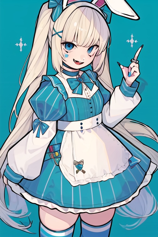 CH, high contrast, 1girl, solo, long hair, looking at viewer, smile, open mouth, bangs, blue eyes, blonde hair, hair ornament, thighhighs, long sleeves, dress, bow, ribbon, holding, animal ears, twintails, jewelry, hairband, frills, food, choker, hairclip, striped, puffy sleeves, nail polish, rabbit ears, fake animal ears, blue dress, fangs, blue background, stuffed toy, stuffed animal, x hair ornament, juliet sleeves, striped thighhighs, blue nails, middle finger