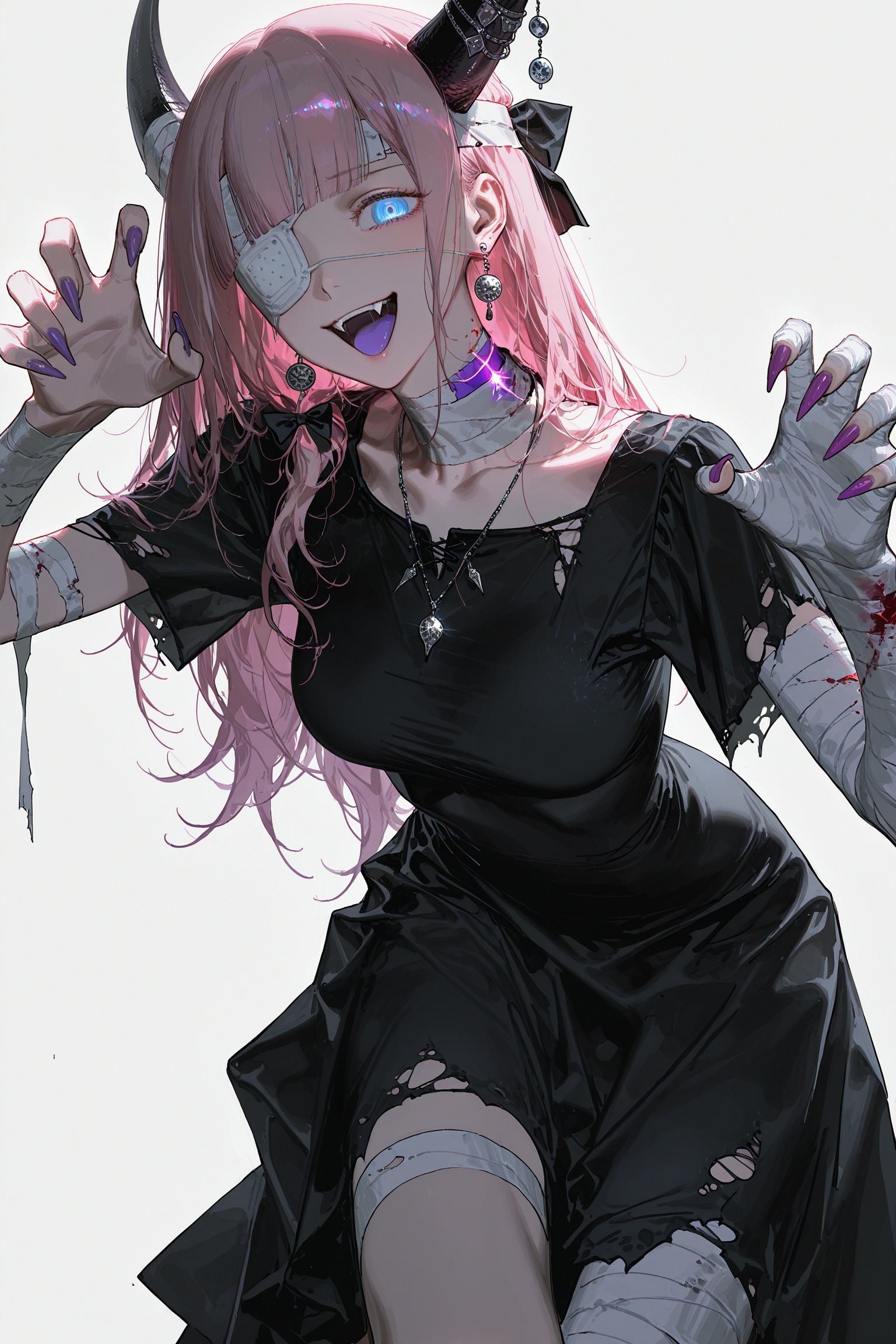 1girl,solo,fujiwara chika,kaguya-sama wa kokurasetai ~tensai-tachi no renai zunousen~,blue eyes,pink hair,long hair,blunt bangs,hair bow,looking at viewer,smile,open mouth,simple background,white background,dress,jewelry,:d,earrings,grey background,necklace,black dress,fingernails,hands up,sketch,blood,fangs,bandages,eyepatch,long fingernails,one eye covered,bandaged arm,sharp fingernails,purple nails,claw pose,horn ornament,bandaged leg,torn dress,bandaged hand,bandage over one eye,medical eyepatch,bandaged head,bandaged neck,purple tongue,blood on bandages,glowing,masterpiece,best quality,good quality,newest,absurdres,glowing,(miv4t:1.1),(konya karasue:1.3),rella,(quasarcake:0.6),fajyobore,(skyrick9413:0.3),(ask \(askzy\):0.8),