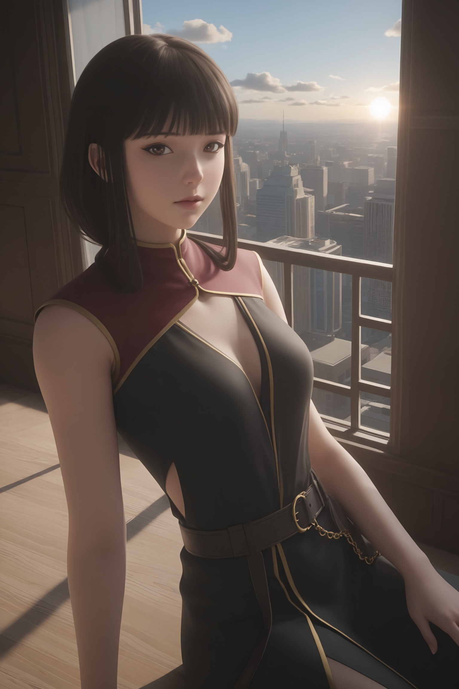 1girl,solo,sitting,window,frills,sky,cloud,indoors,cityscape,closed_mouth,sun,looking at viewer,<lora:灵笼-荷光者梵律IL:0.7>,1girl,straight,dark brown hair,bangs,large and almond-shaped eyes,form-fitting,sleeveless red,black dress,high collar and gold accents.cutout,gold chain belt around waist.,