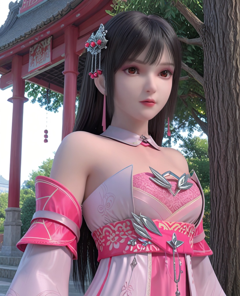 (oriental architecture, elegant decor, sophisticated style:1.1),(Standing, hand on a tree or pole,:1.1),(breasts:1.2),<lora:XL雪鹰领主姬容:0.95>,miss jirong,white pleated dress paired with a pink dress,black hair,long hair,hair ornament,jewelry,red eyes,detached collar,bangs,lips,detached sleeves,sash,, score_9,score_8_up,score_7_up,score_6_up,score_5_up,score_4_up,3d rendering,tag1,tag2, Cinematic Lighting,backlighting,