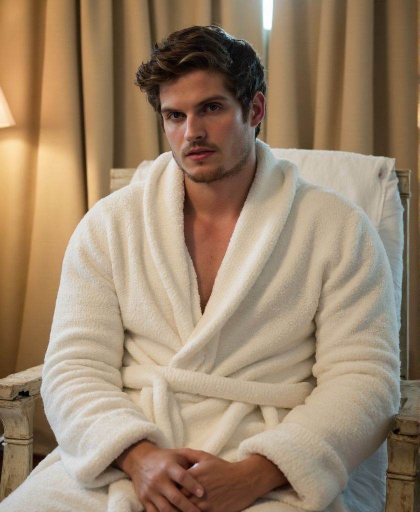 danielsharman ,  high-resolutiuon photograph,  wearing fitted fluffy white bathrobe. He is sitting on a chair in the spa a...