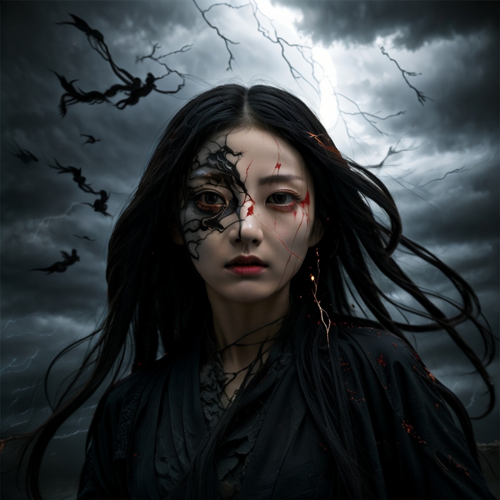 huapighost,Chinese horror,1girl,((mysterious aura)),standing at the edge of a cliff,stormy night,vibrant red Hanfu,wind-swept hair,((fierce gaze)),dramatic sky,lightning strikes,ominous ravens,ancient ruins,dark clouds,intense emotion,photorealism,((dynamic composition)),electric energy pulsing around her,,<lora:NewHuapi:0.8>,, ((masterpiece)), ((best quality)), 8k, high detailed, ultra-detailed,