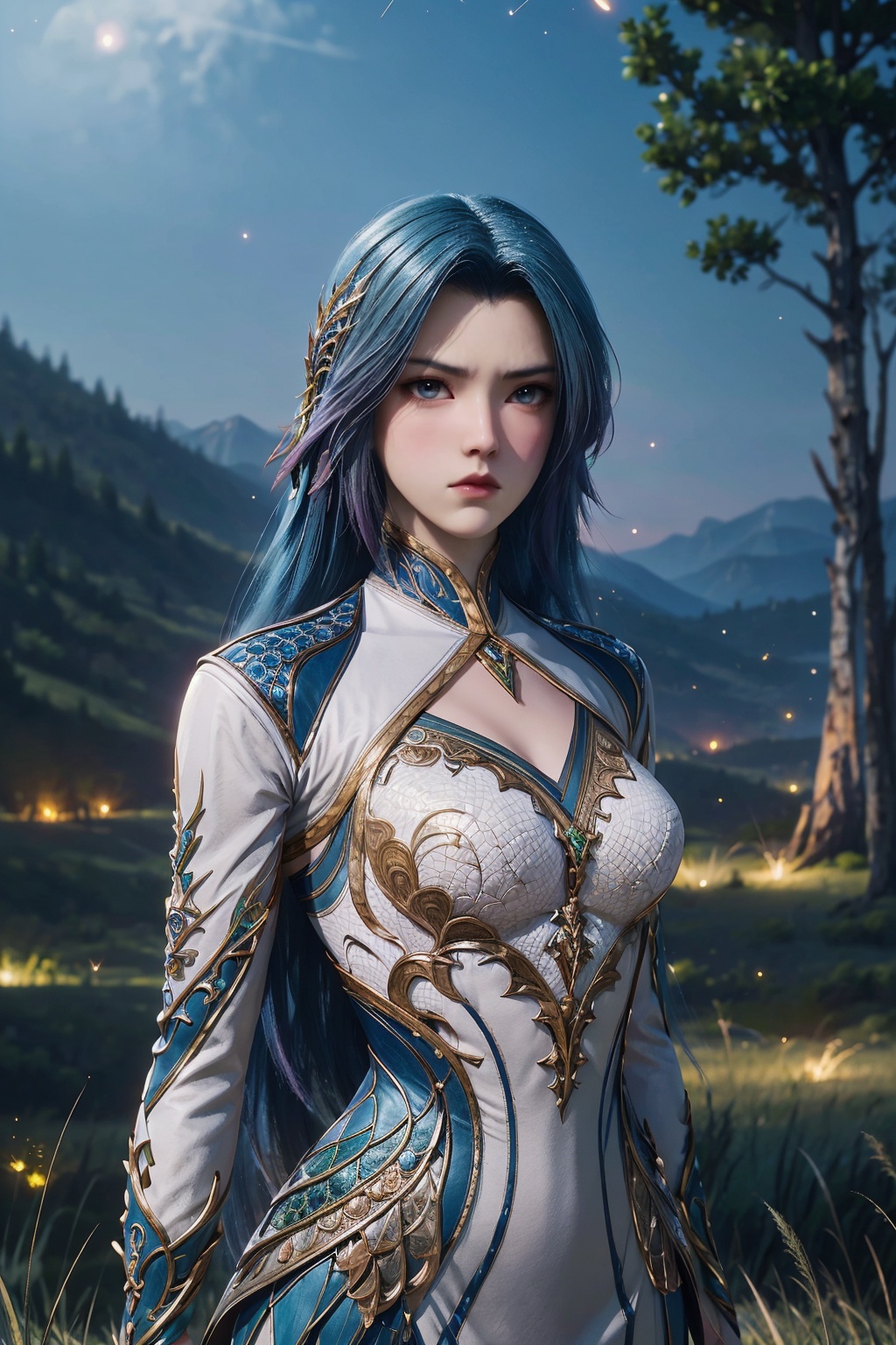 1girl,solo,closed mouth,(hair ornament),jewelry,dress,arms at sides,(looking at viewer),outdoors,((night)),star \(sky\),((tianshan mountain,hulunbuir prairie,grass,landscape)),((sparkle,shiny,fireflies, romance style)),(upper body),3d,game cg,Highly detailed,(best quality:1.5,masterpiece:1.5),<lora:20240929-1727556316199:0.65>,