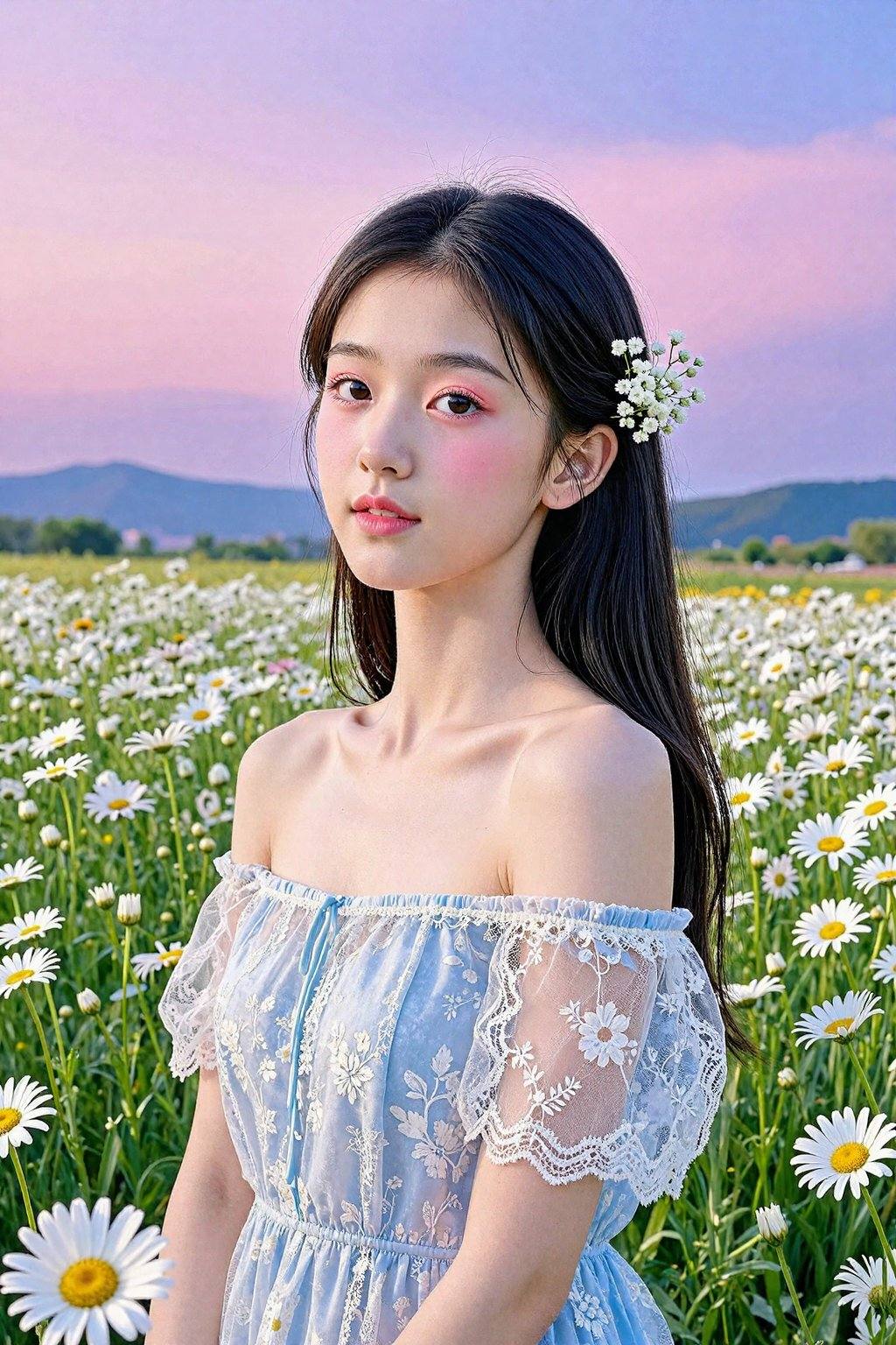 <lora:20260302_TinZITSharpnessSliderLora_v1_000000060:4>, This is a high-resolution photograph capturing a young Asian woman in a serene, sunlit field of blooming daisies. The woman, likely in her early twenties, has long, straight black hair adorned with delicate, white baby's breath flowers. Her skin is smooth and fair, with a natural, radiant complexion. She is dressed in a light, off-shoulder, light blue dress with sheer, lace-like sleeves and a subtle floral pattern, which complements the surrounding flowers. Her makeup is minimal but accentuates her eyes with a soft, pink blush and subtle eyeliner, giving her a fresh, natural look. The background features a vast expanse of daisies in various stages of bloom, with some flowers fully open and others still in bud, creating a lush, vibrant field. The sky is a beautiful gradient of soft pinks and purples, transitioning into a deeper blue as it reaches the horizon, suggesting either dawn or dusk. In the distance, rolling hills or mountains are faintly visible, adding depth to the scene. The overall mood is peaceful and ethereal, with the woman appearing almost like a serene spirit among the flowers.