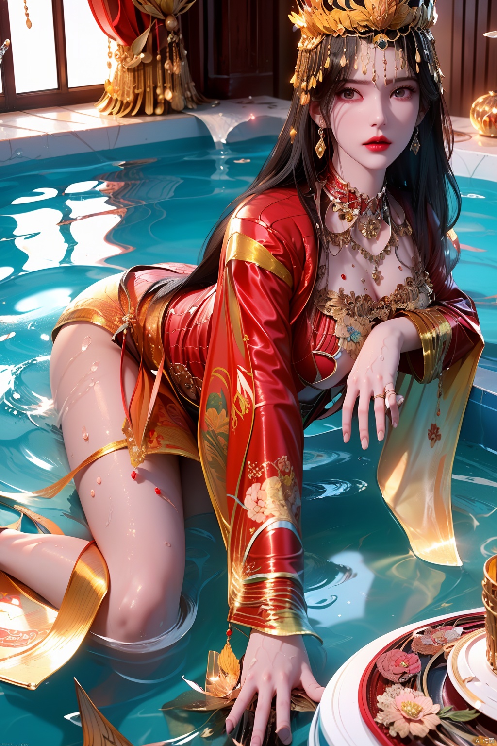 bestquality,ultradetailed,beautifuldetailedface,completeanatomy,1girl,solo,submergedwater,(partiallysubmerged:1.4),bubbles,shinyskin,sweat,bikini,longhair,LiMuWan,1girl,artist name,bangs,black eyes,black hair,crown,floral print,gem,gold,jewelry,lips,lipstick,long hair,looking at viewer,makeup,red lips,solo,earrings,hair ornament,necklace,The pool, ((poakl)),(the Water to the Neck:1.4), cleavage,strapless underwear,bare shoulders, breasts,(Indoor:1.4), Lying on the<lora:EMS-346315-EMS:0.700000>, <lora:EMS-414257-EMS:0.800000>