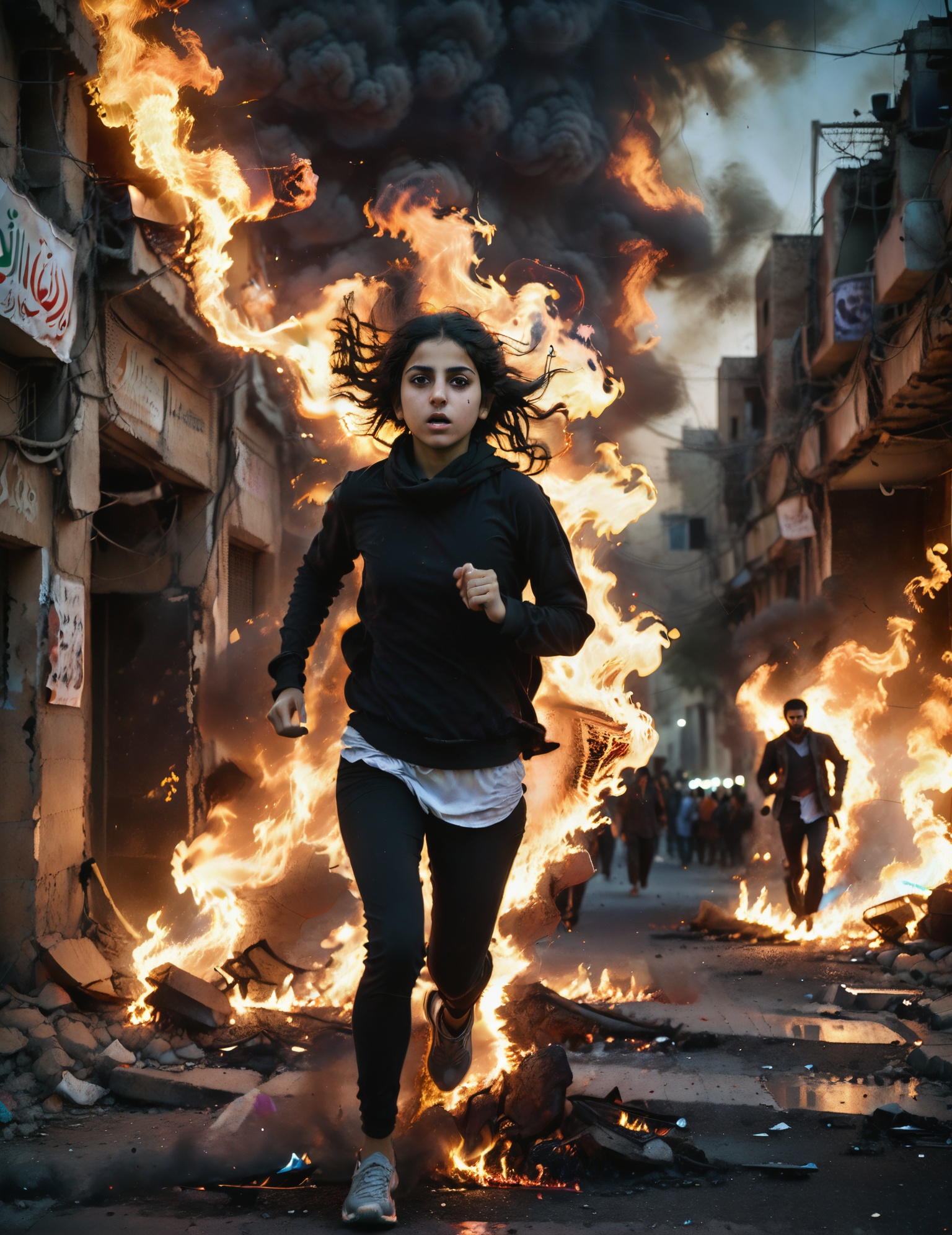 Medium format dark aesthetic photo,  ,  Chaotic street protest on Tensor.Art