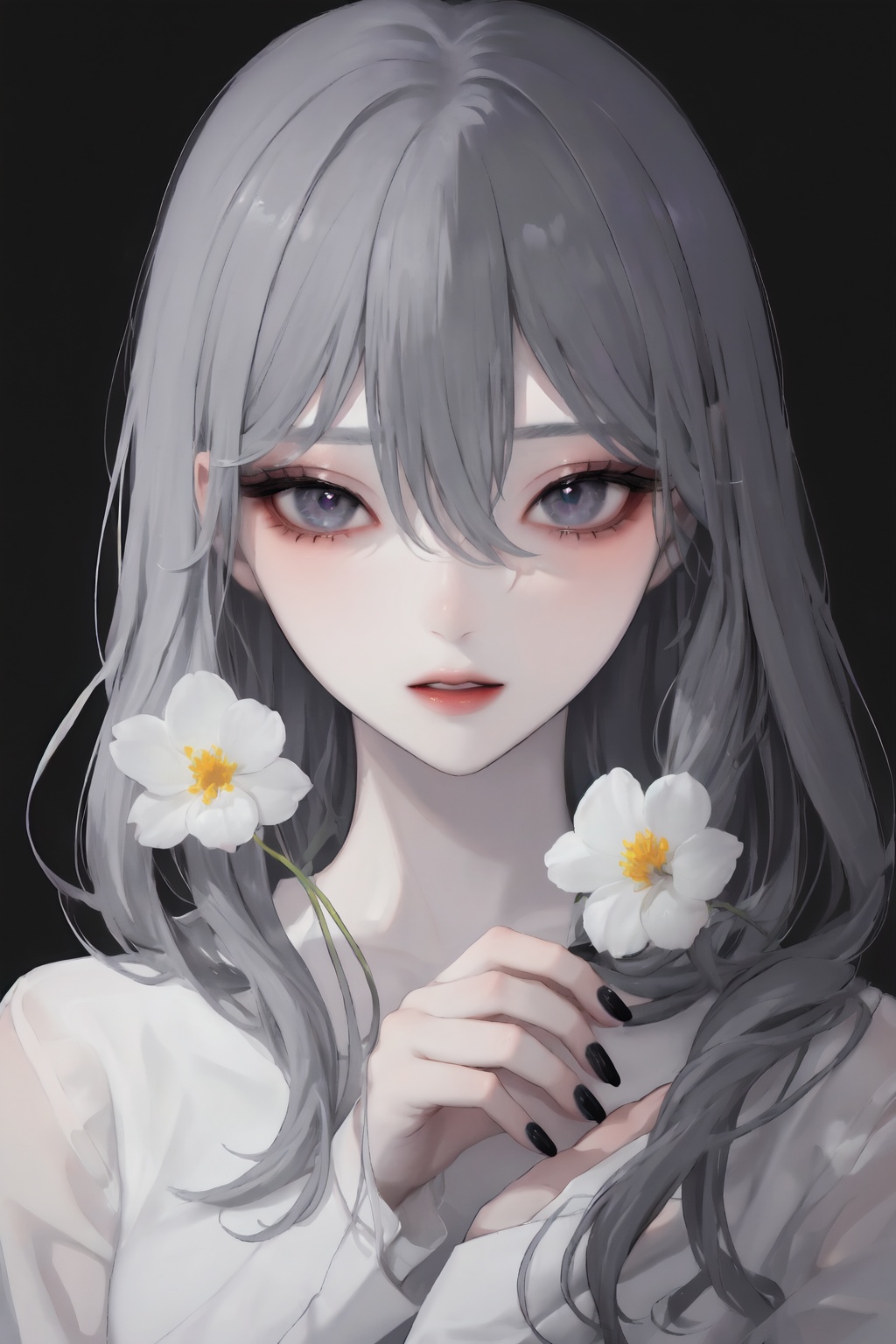 1girl,solo,flower,long hair,looking at viewer,black nails,black background,holding hair,parted lips,holding,bangs,white flower,upper body,nail polish,shirt,grey hair,white shirt,hair between eyes,simple background,grey nails,grey eyes,makeup,ct-style,beautiful eyes,