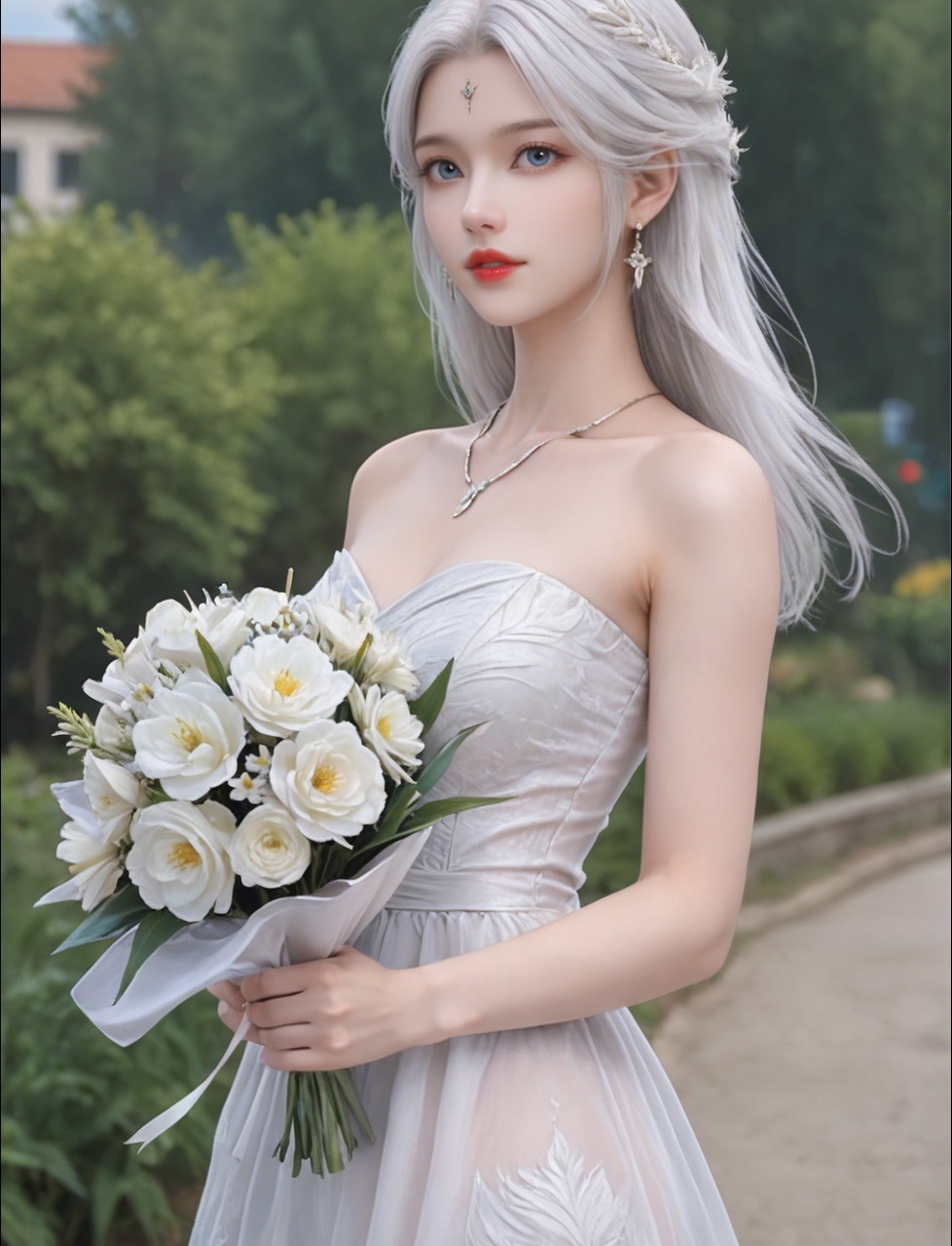 <lora:洛璃6:0.6>,ems,1girl,solo,long hair,blue eyes,1girl,jewelry,solo,necklace,flower,earrings,dress,holding,bare shoulders,looking at viewer,outdoors,bouquet,white hair,holding flower,white dress,white flower,brown eyes,red lips,parted lips,collarbone,holding bouquet,cowboy shot,strapless,short hair,day,lips,see-through,strapless dress,sky,blurry background,