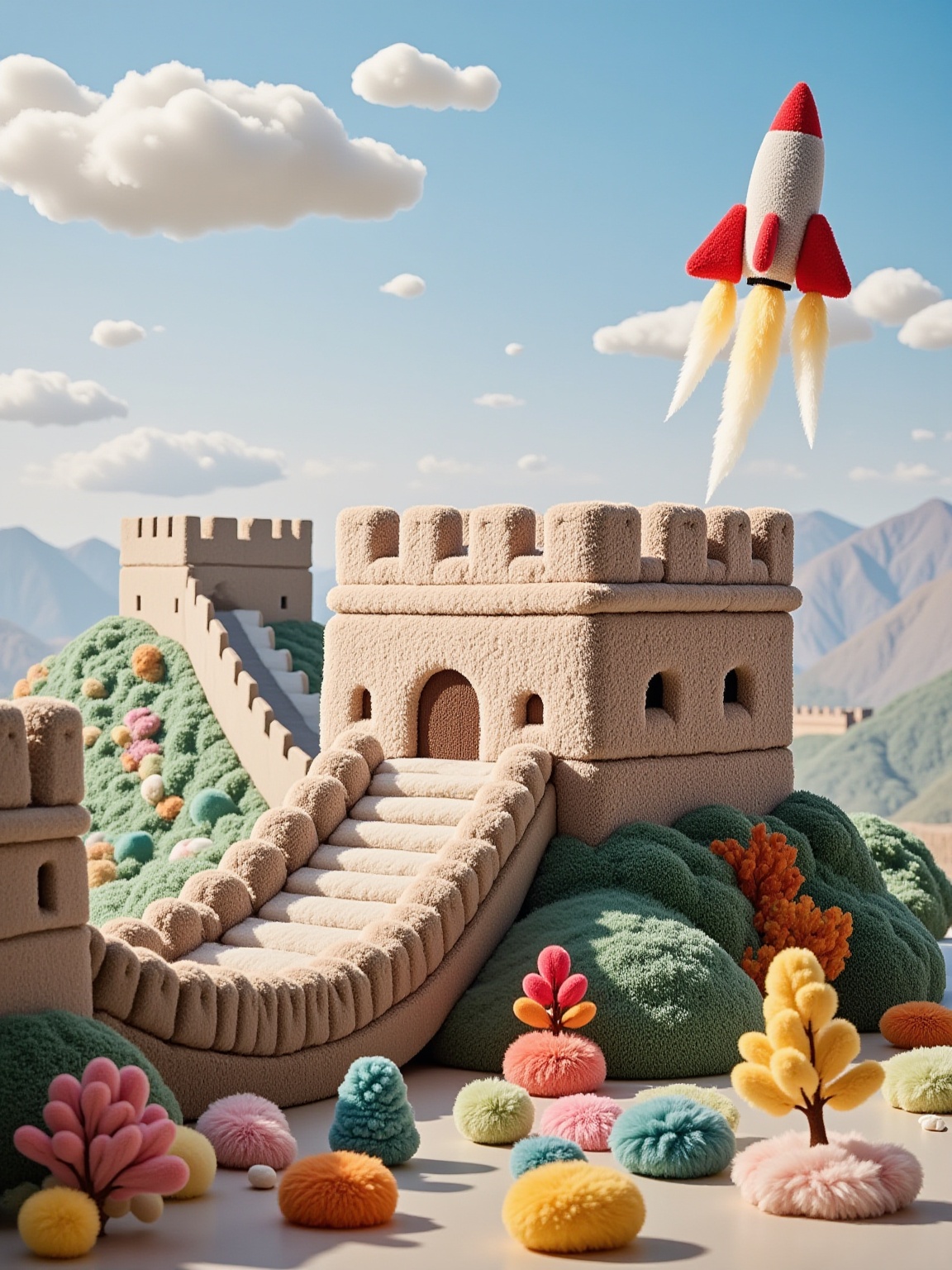 YY_plush,A surrealist style plush Great Wall building,with the Forbidden City also presented in a plush texture in the background. In the floating clouds,a uniquely shaped plush rocket is soaring in the sky. Surrounded by various shapes and colorful plants,it adds a whimsical and dreamlike atmosphere to the entire scene. The plush Great Wall,with its fluffy and soft characteristics,stands in stark contrast to the long and solemn plush Forbidden City; And the plush rocket in flight symbolizes humanity's curiosity about the unknown world and the spirit of continuous exploration. In addition,by adding light and flowing clouds like marshmallows and vibrant yet childlike plant elements,the entire picture becomes more vivid and interesting,full of imagination.,<lora:YY-毛绒F.1:1>,