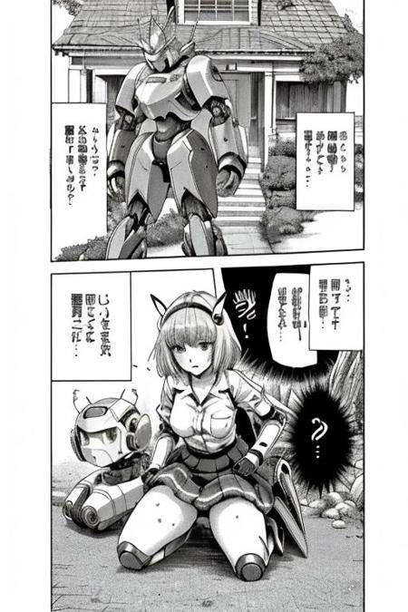 monochrome,greyscale,comic, a manga page with a robot girl lifting her skirt showing her pantie, robot girl, robot joint, robot thighs, robotic legs, short black hair, mecha_musume, machanical_parts, robot_joints, headgear, skirt,, pantie,  manga, monochrome, grayscale