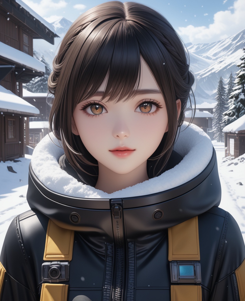 (,1girl, ,best quality, ),looking at viewer,masterpiece, (( , )),, realistic,science fiction,mole, ultra realistic 8k cg, ,outdoors, snow, snowing,