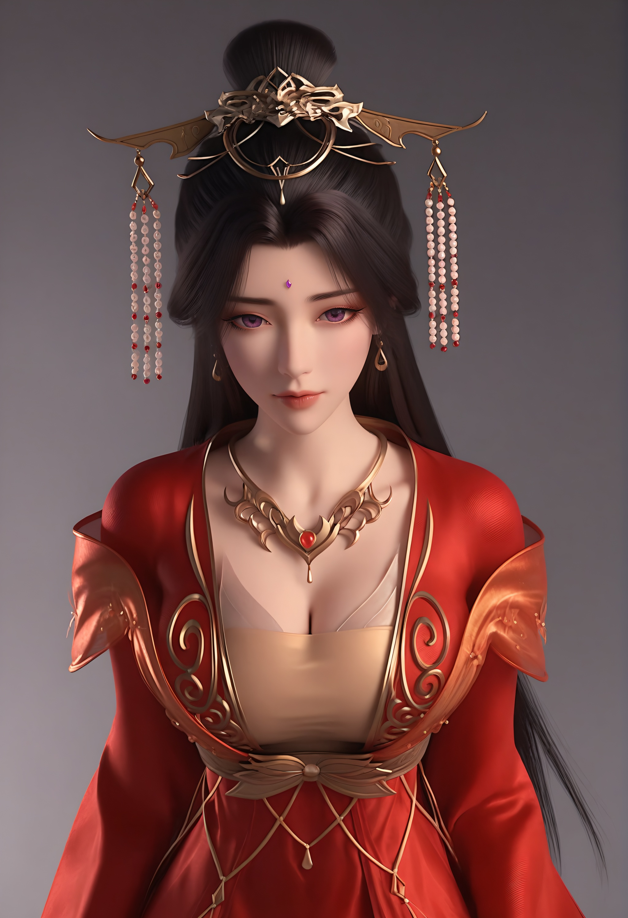 (score_9),upper body,looking at viewer,front view,<lora:红月婵-apony:0.8>,yuechanm,1girl,solo,hair ornament,jewelry,long hair,forehead jewel,earrings,tiara,necklace,hair bun,black hair,purple eyes,red dress,shoulder ribbon,belt,cleavage,long dress,pelvic curtain,<lora:Expressive_H-000001:0.8>,light blush,(glamor),curvy,mature_female,collarbone,pointy breasts,puffy breasts,(large teardrop breasts),teardrop breasts,BREAK<lora:e肤色滑块:0.35>,fair_skin,((pale skin)),(white_skin),ultra-detailed skin texture,detailed textures,<lora:皮肤凹痕:1.2>,BREAK<lora:e色温:-0.35>,simple background,grey background,Tyndall effect,available light,depth of field,lens_flare,4K ultra HD,sharp focus,high detail,high contrast,