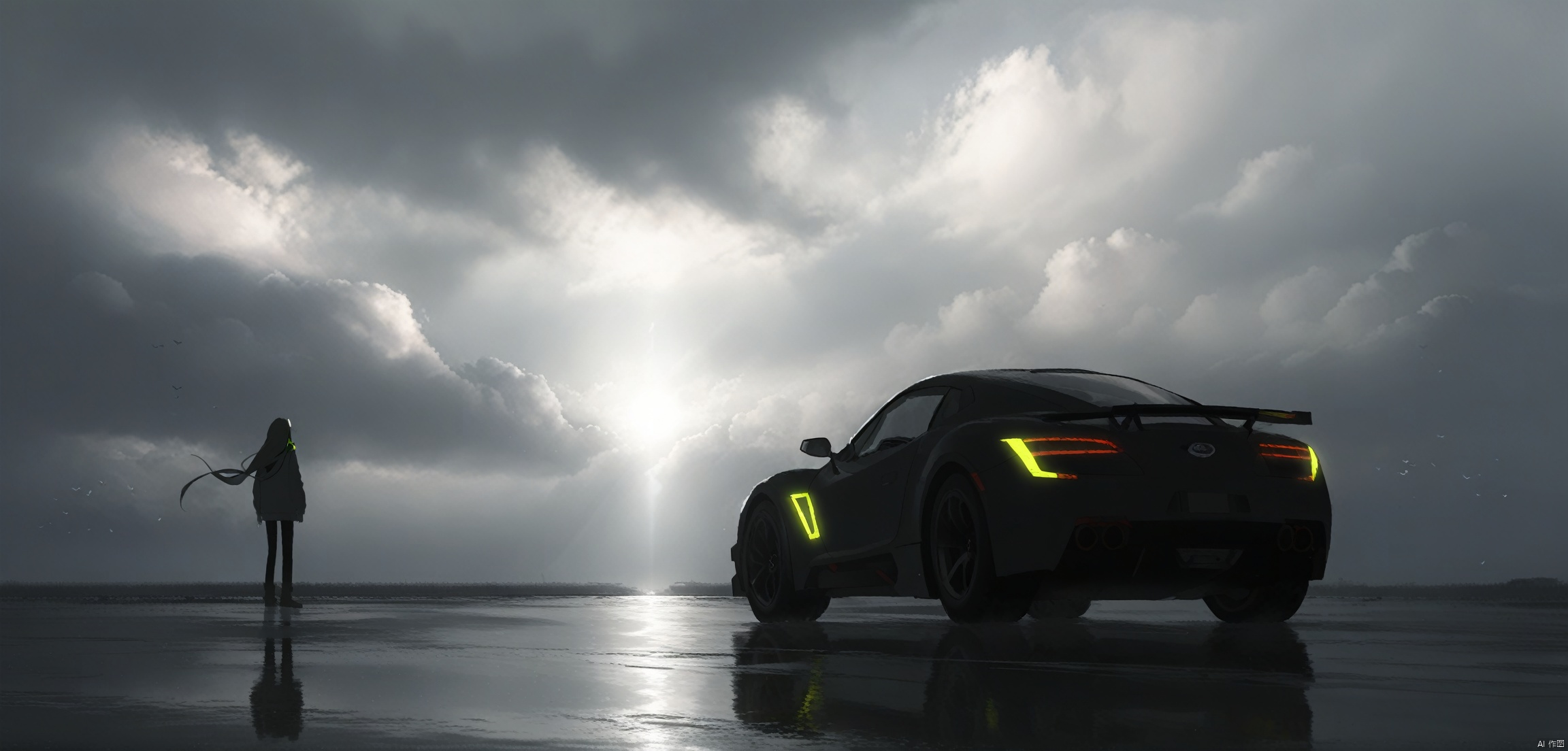 (((best quality)), ((masterpiece)), ((ultra-detailed)), (illustration), (detailed light), (an extremely delicate and beautiful),incredibly_absurdres,(ray tracing),light particle,((1girl)),solo,cloud, sky, scenery, solo, cloudy sky,reflection,sunset,winged vehicles, neon accents, hidden details, muted color palette, overcast lighting, vastness, sense of motion,Movie style background,Pokémon fan art,Pokemon Rayquaza<lora:EMS-337925-EMS:0.800000>