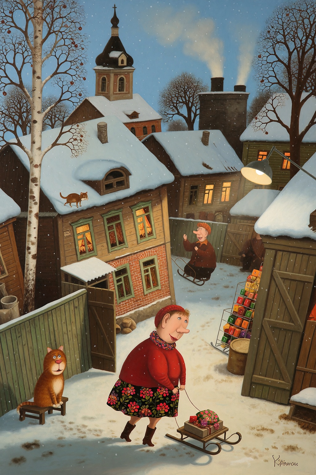 A cozy snowy town at dusk,  warm yellow lights in tiny windows,  smoke from chimneys on Tensor.Art