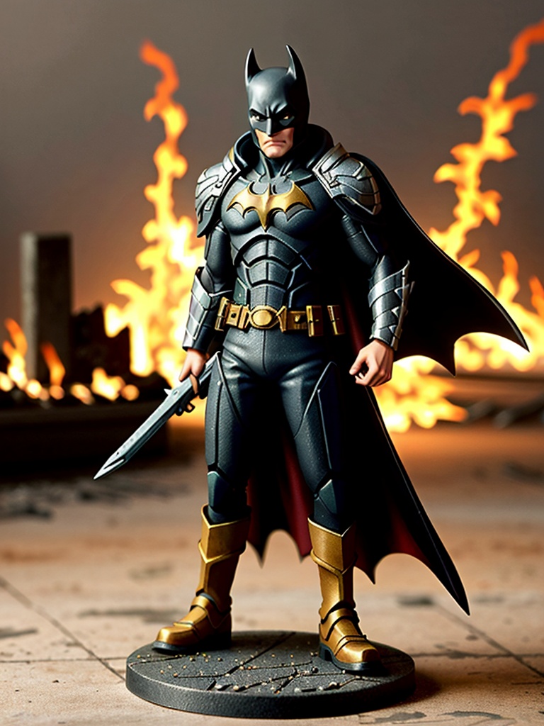 pmini style, painted miniature of batman, character design, background is in burning city, close-up shot, used, abrased, Intricate, High Detail, Sharp focus, dramatic, photorealistic art