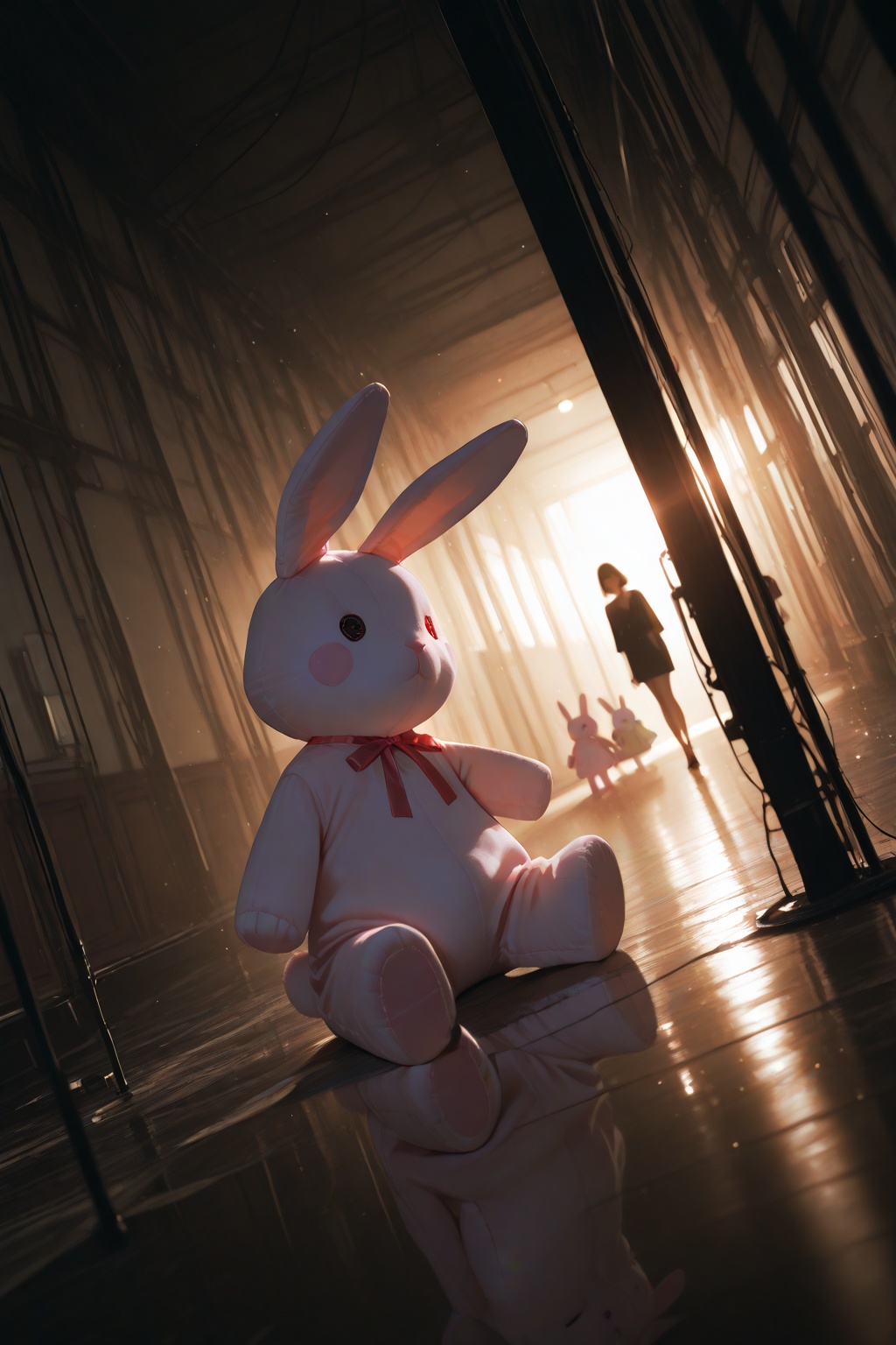 masterpiece,best quality,amazing quality,very aesthetic,absurdres,newest,extreme aesthetic,in the style of fashion photography,light particles,cinematic lighting,Visual impact,sharp focus,Emotionalization,depth of field,dutch angle,scenery,volumetric lighting,surreal,***** woman,stuffed rabbit,