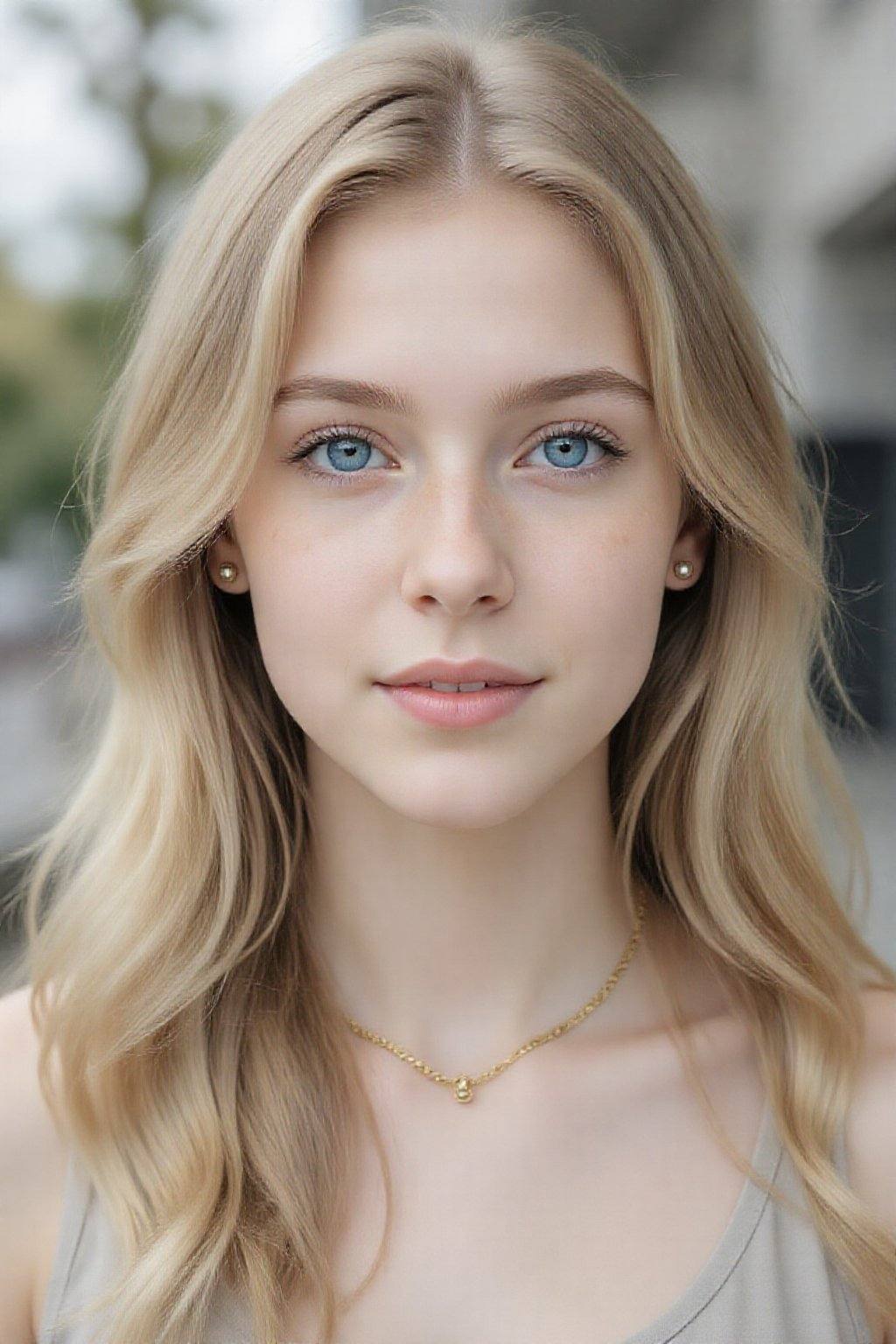 A young Caucasian woman, appearing to be in her early twenties, is centered in a medium close-up shot, gazing directly at the viewer. Her light skin is accented by natural freckles. She has long, wavy blonde hair framing her face. Her eyes are a striking blue, and she wears small, round stud earrings and a delicate gold necklace. She is wearing a neutral-toned top. Her expression is neutral, bordering on a slight smile, with full lips and a soft facial structure. The background is softly blurred, showing an indistinct outdoor setting, suggesting natural light. The lighting is soft and even, highlighting her features. The composition is clean and focused on the subject's face, with a shallow depth of field. The overall atmosphere is fresh, and the style is naturalistic and clean.