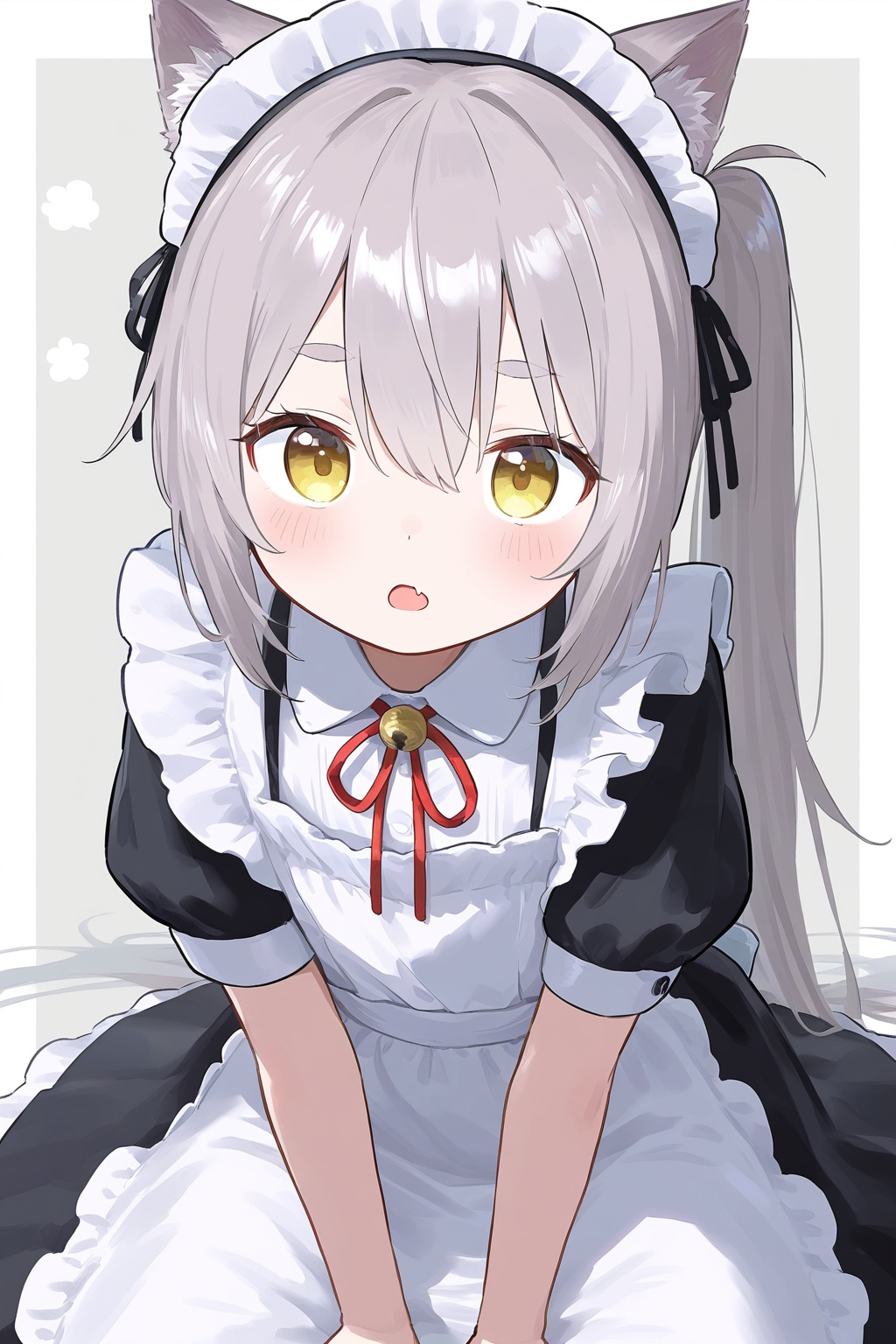 1girl, solo, long hair, looking at viewer, blush, open mouth, bangs, simple background, shirt, dress, ribbon, animal ears, hair between eyes, yellow eyes, white shirt, short sleeves, grey hair, frills, fang, puffy sleeves, grey background, apron, black dress, side ponytail, red ribbon, puffy short sleeves, maid, maid headdress, neck ribbon, thick eyebrows, waist apron, white apron, two-tone background, skin fang, maid apron, frilled apron